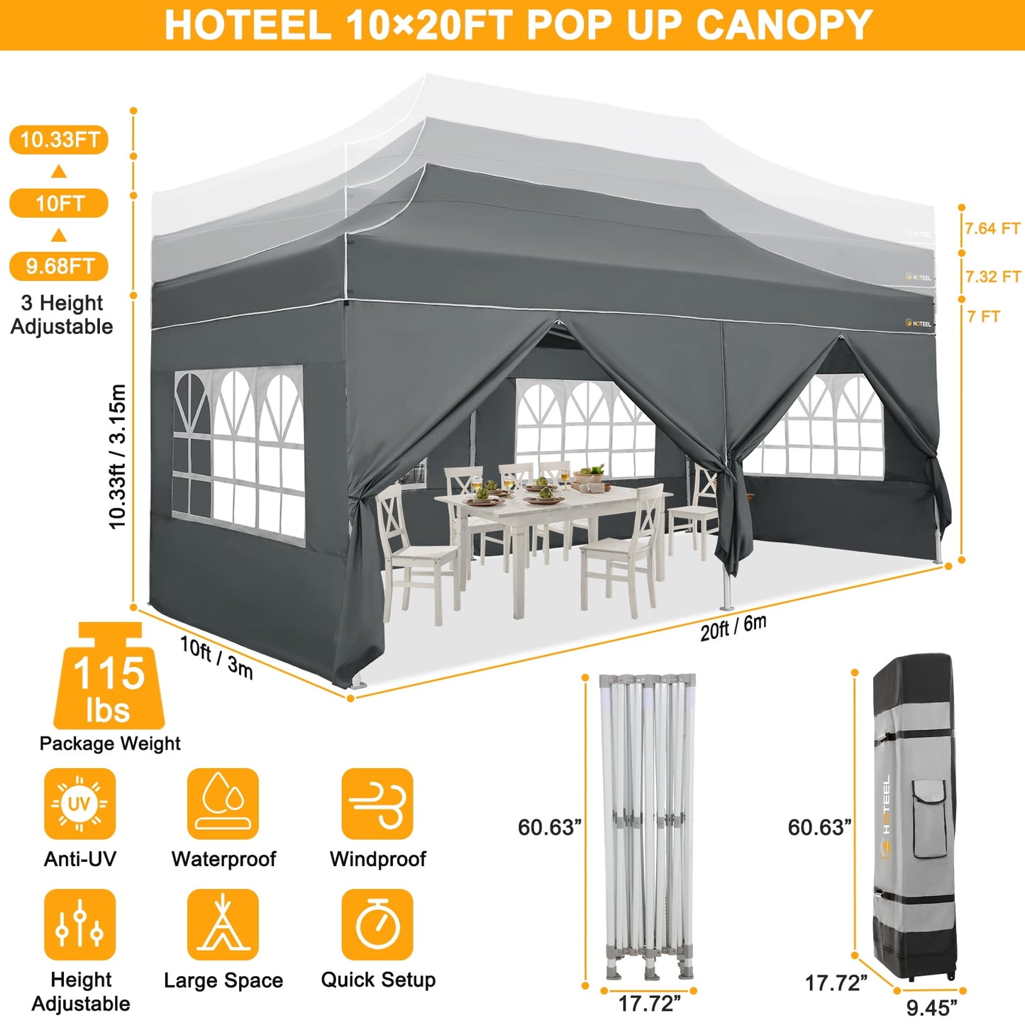 COBIZI 10x20 Pop up Heavy Duty Canopy Tent with 6 Removable Sidewalls,Party Tent for Weddings,Beaches,Outdoor Events,Commercial Seasonal Wind UV 50+& Waterproof&Sunburn Protection,Gray