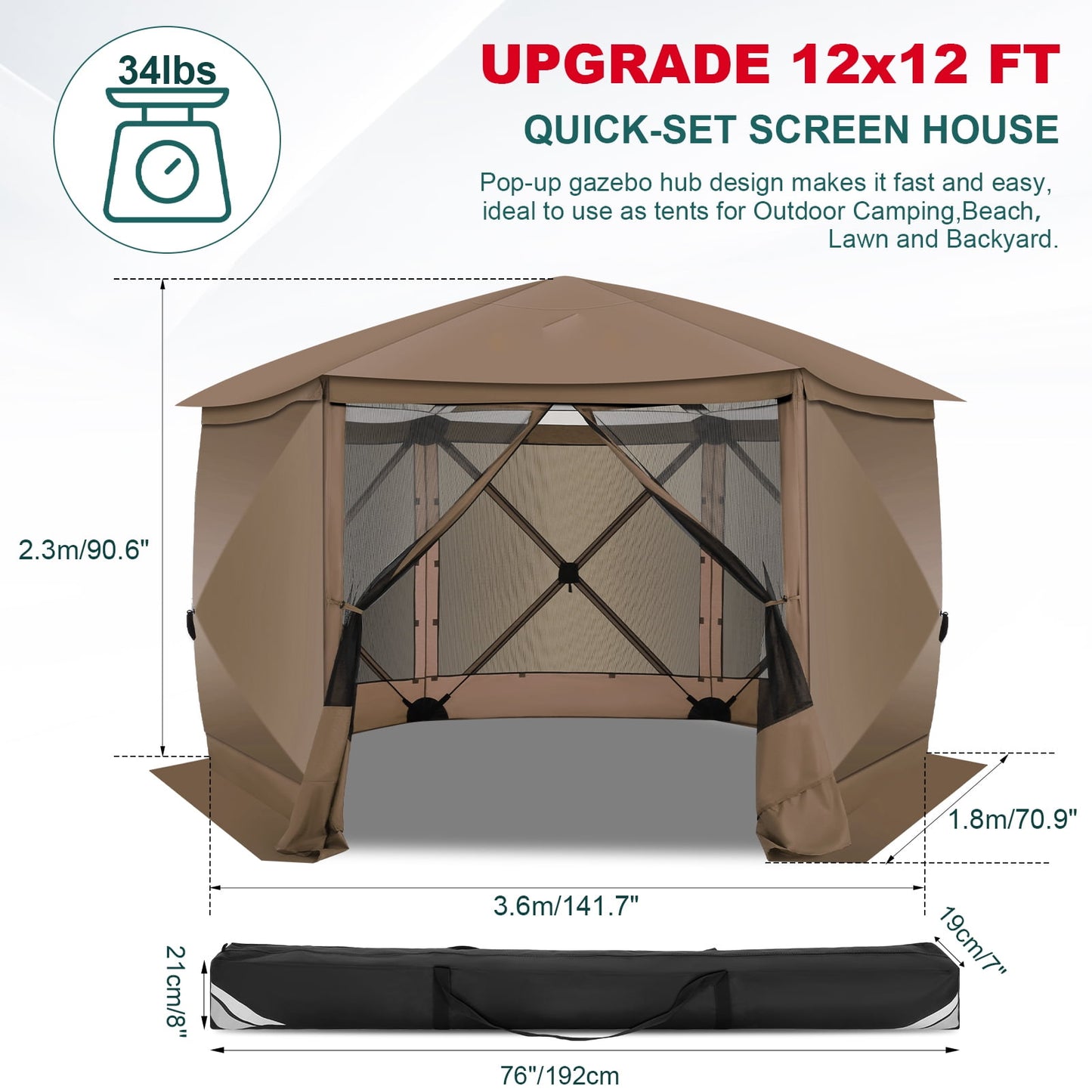 COBIZI Pop up Gazebo Screen Tent Screen House for Camping,12x12 Starry Sky Gazebo with Removable Roof, Outdoor Screened Gazebo with Sidewalls, Portable Hub Tent with Carry Bag and Ground Stakes,Brown