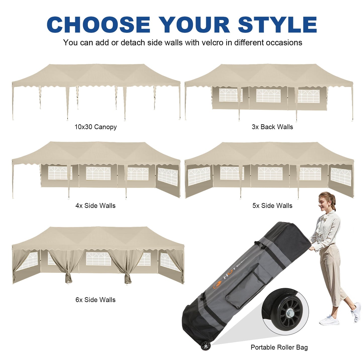 COBIZI 10x30 Pop-up Canopy Tent with 8 Sidewalls,Heavy Duty Canopy for Outdoor Events,Camping,Wedding,Canopy Gazebo with Roller Bag & 4 Weights Bags,UPF 50+ Windproof Waterproof,Gray