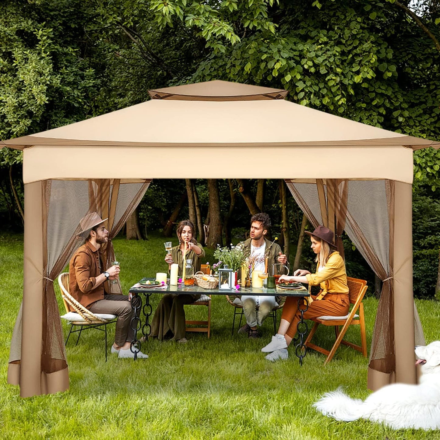 Hoteel Gazebo Canopy Tent, Pop-up Canopy 11x11 Tents for Parties, Outdoor Gazebo with Mosquito Netting and Vented Roof, Screen House for Garden Patio Backyard, Khaki