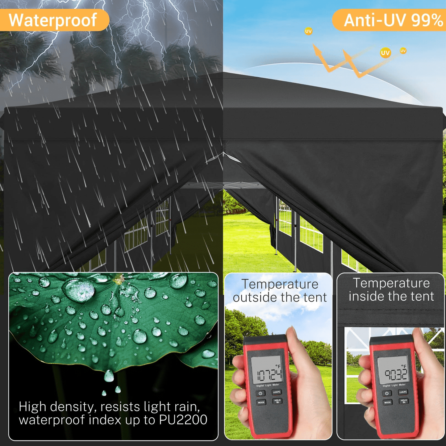 COBIZI 10x30 Canopy Party Tent Tent with 8 Sidewalls,Waterproof UPF 50+ 0utdoor Wedding Event Tents for Parties Backyard Pop up Canopy Gazebo with 4 Sand Bags&Carry Bags,Black