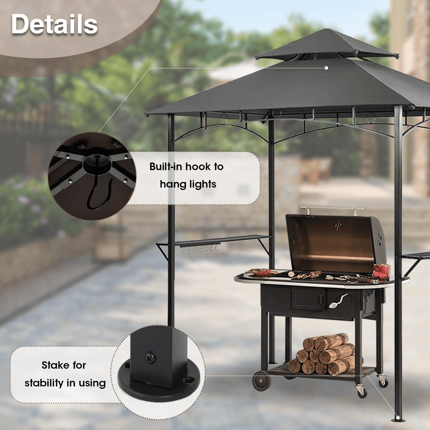Grezjxc Grill Gazebo 8 x 5 Double Tiered Outdoor BBQ Grill Patio Canopy, Backyard Barbeque Tent with Extra Shelves, Gray