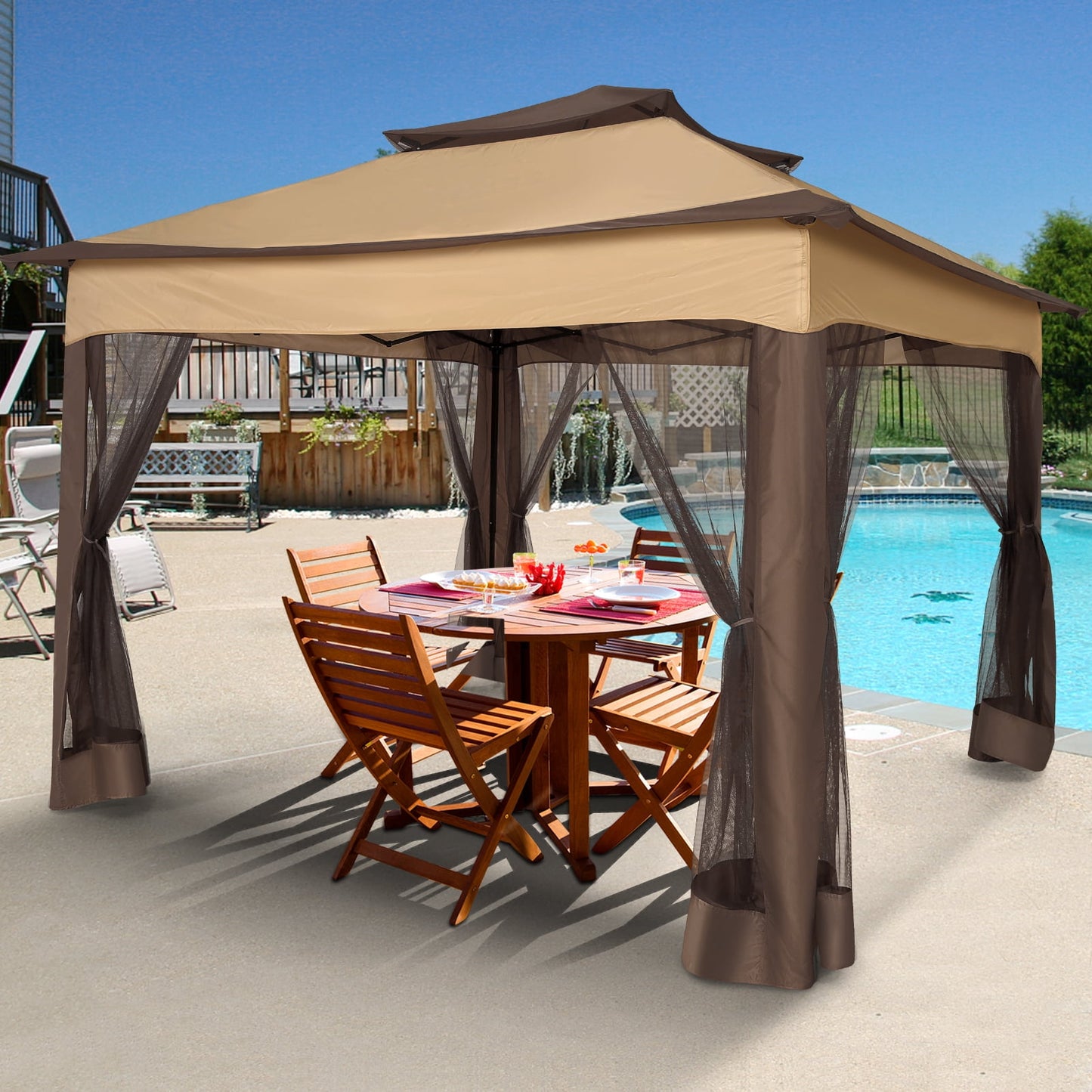 COBIZI Outdoor Canopy Gazebo 11x11 Pop-up Gazebo Patio Gazebo with Mosquito Netting Outdoor Canopy Shelter with 121 Square feet of Shade for Outdoor Lawn, Garden, Backyard and Deck, Brown