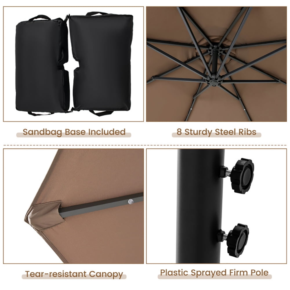 GVN 10 Feet Cantilever Umbrella with 32 LED Lights and Solar Panel Batteries-Tan, Patio Offset Umbrella with Easy Tilt Adjustment, Cantilever Patio Umbrellas, Sunshade Umbrella Canopy