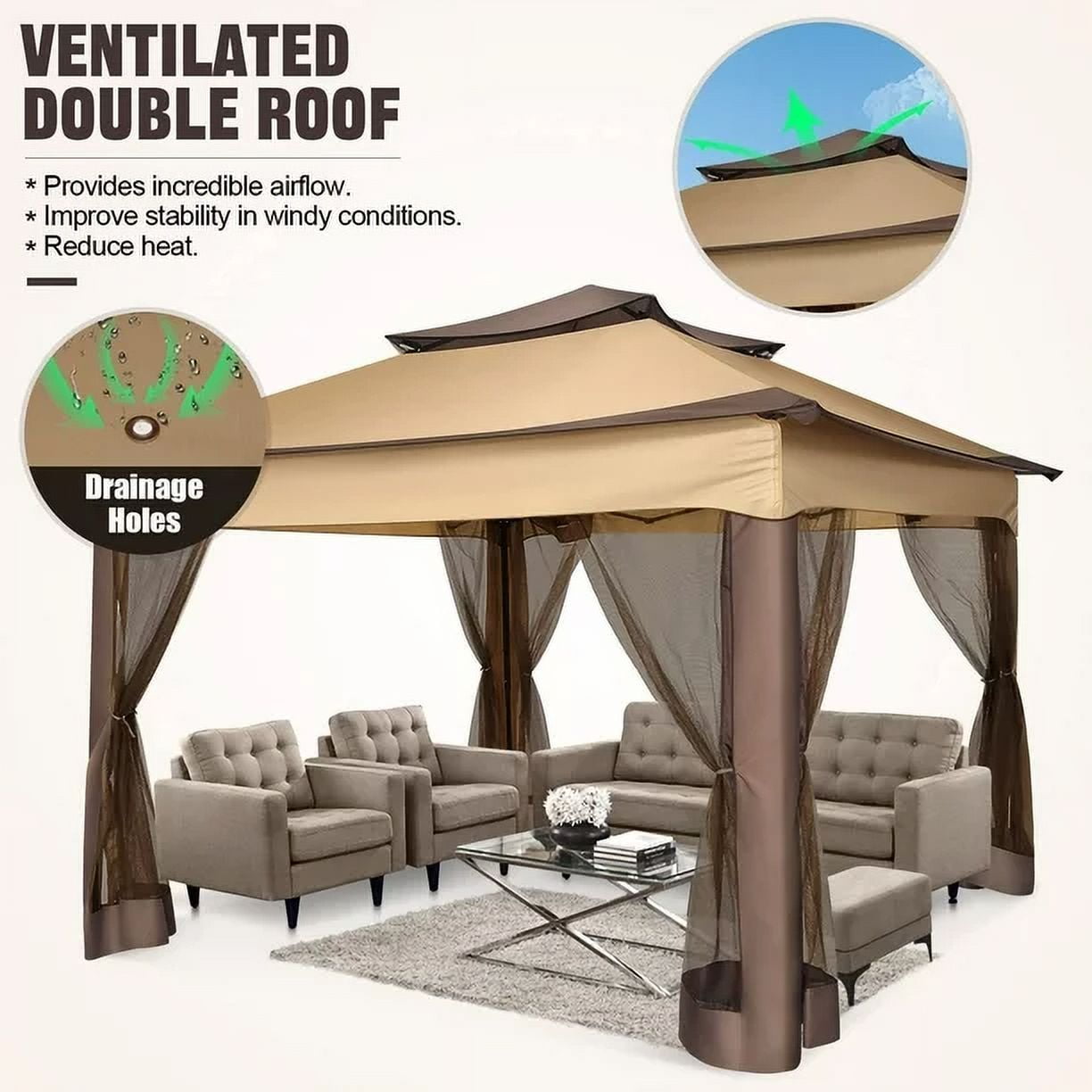 COBIZI Outdoor Canopy Gazebo 11x11 Pop-up Gazebo Patio Gazebo with Mosquito Netting Outdoor Canopy Shelter with 121 Square feet of Shade for Outdoor Lawn, Garden, Party, Backyard and Deck, Brown