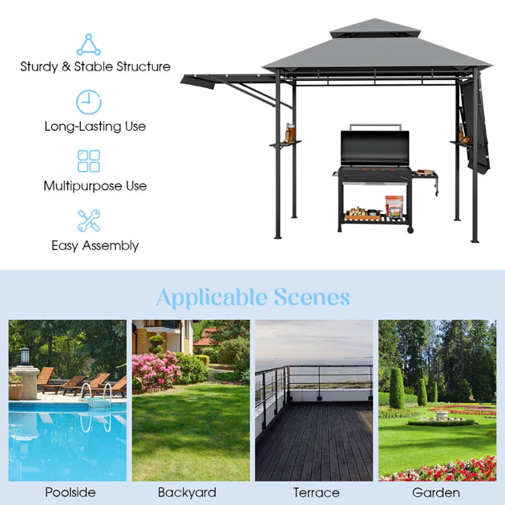 GVN 13.5 x 4 Feet Patio BBQ Grill Gazebo Canopy with Dual Side Awnings-Gray, Outdoor Patio Gazebo with Hardtop Roof for Garden, Backyard and Deck