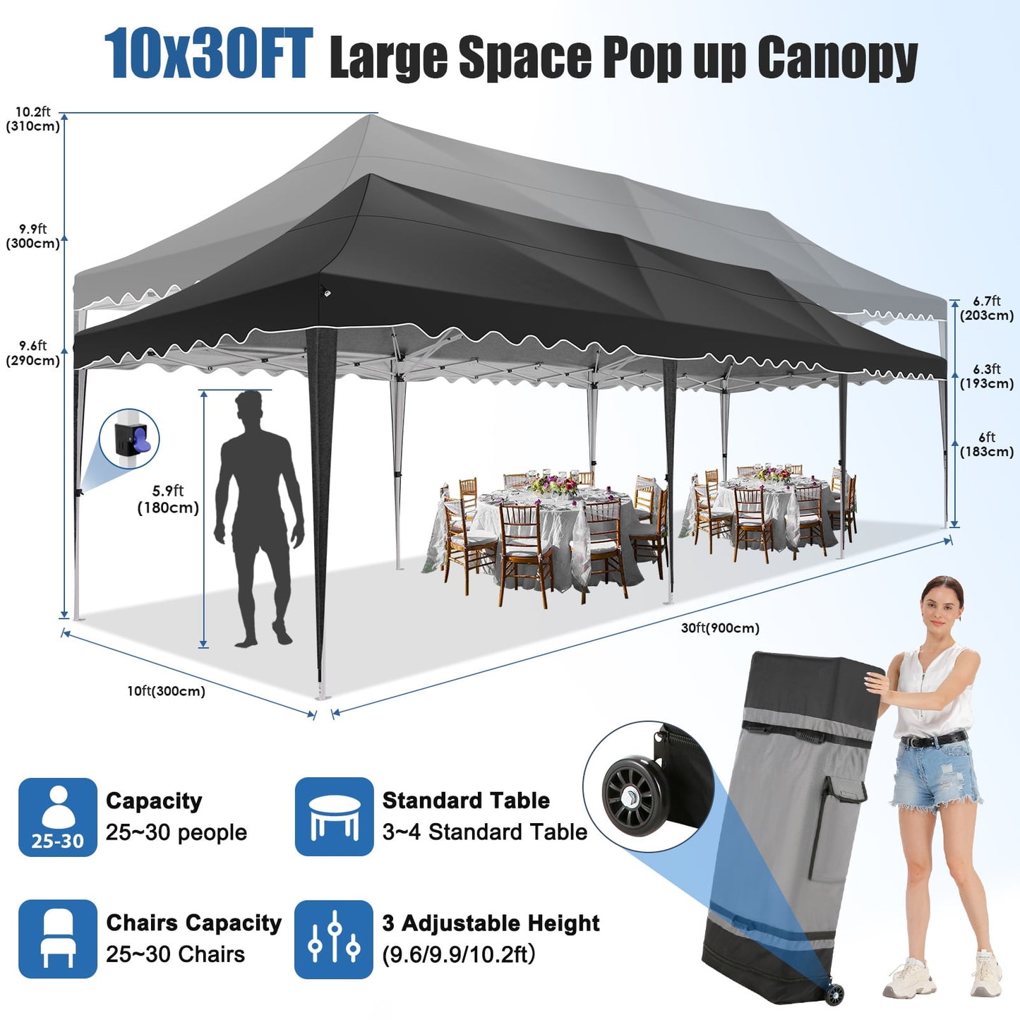 COBIZI 10x30 Pop-up Canopy Tent with 8 Sidewalls,UPF 50+ Windproof 2000+Waterproof Wedding Event Tents for Outdoor Events,Party Parties Canopy with Roller Bag,Black