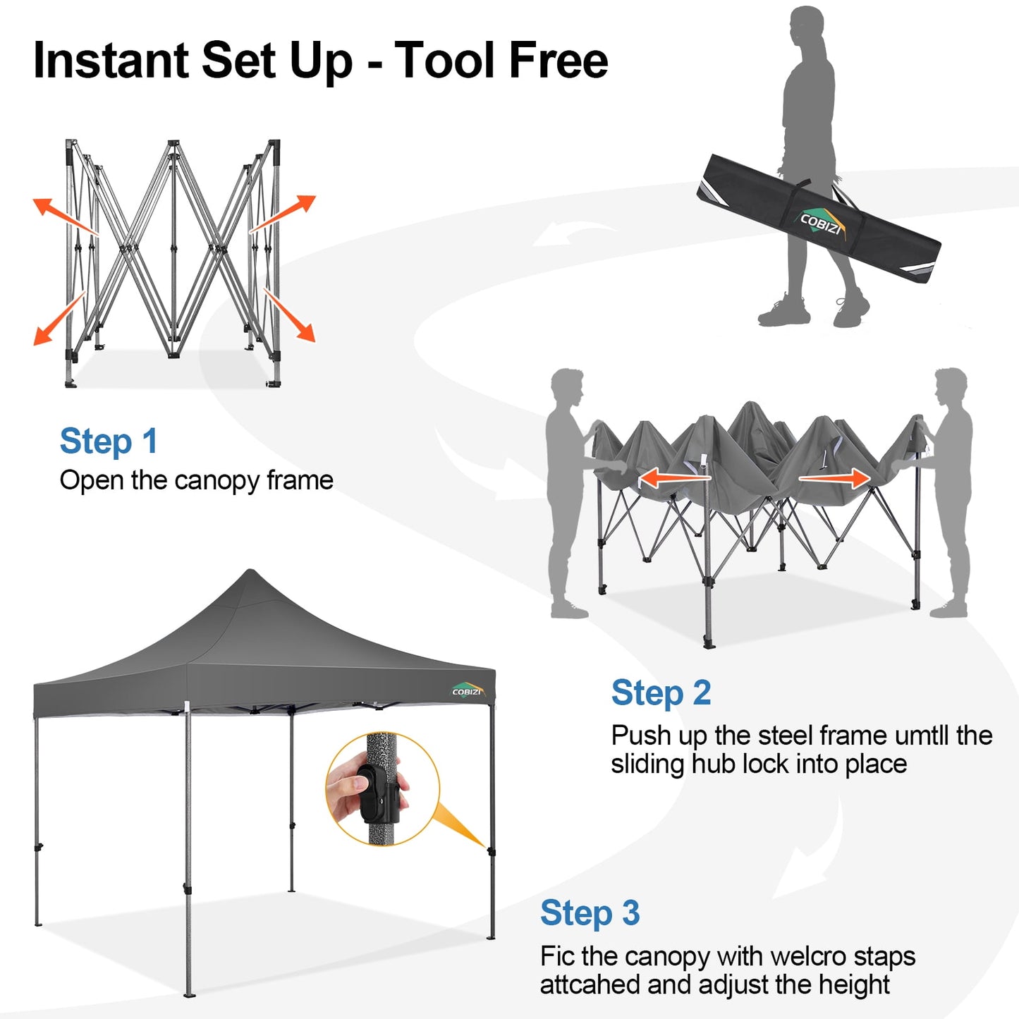 COBIZI 10 x 10 Heavy Duty Pop-up Canopy Tent with Adjustable Height, UPF 50+ Waterproof and Instant Outdoor Shelter, Outdoor Canopy for Beach,Party,Camping Includes 4 Sandbags, and Carrying Bag,Gray