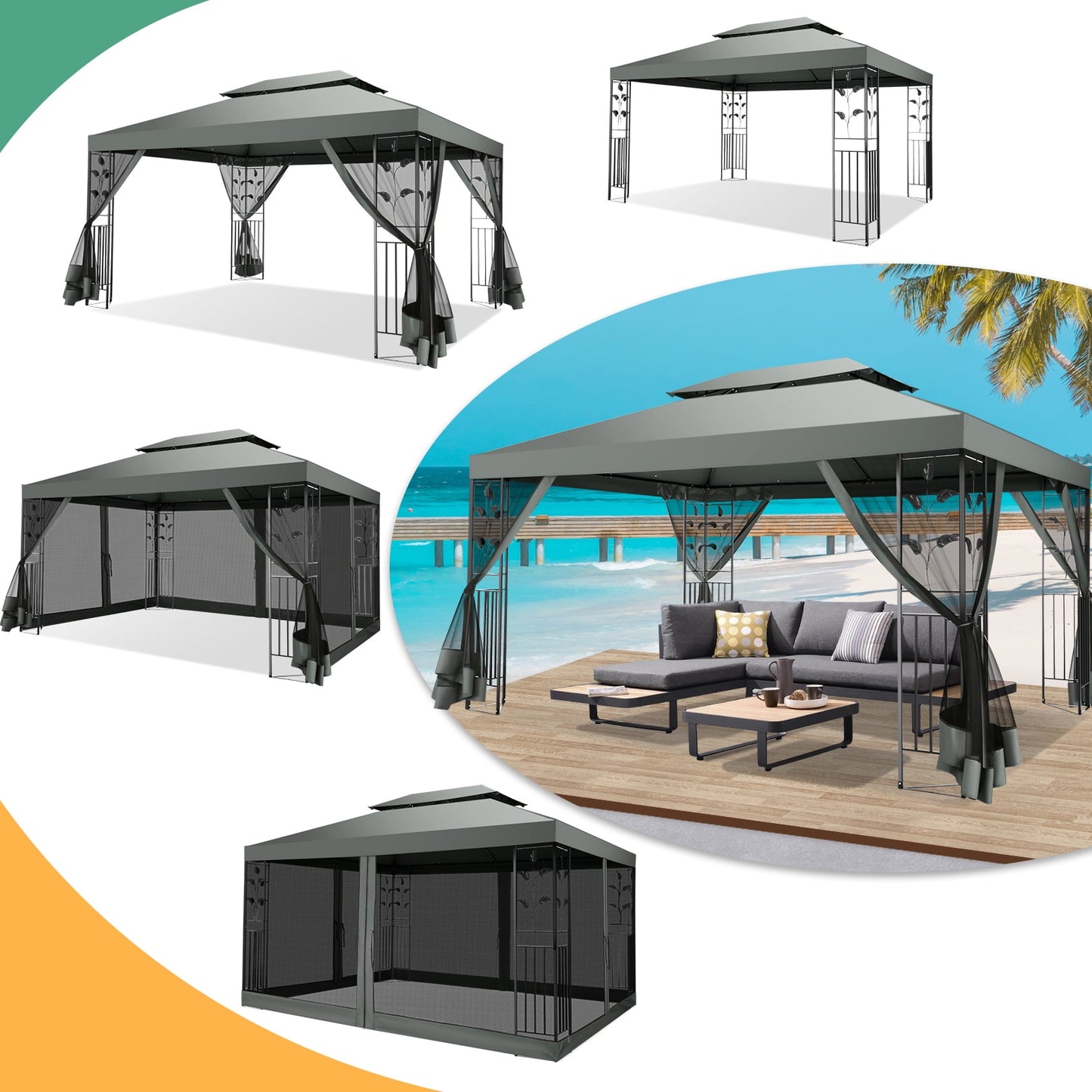 COBIZI 10'x 13' Metal Patio Gazebo, Outdoor Gazebo Canopy Tent for Backyard with Mosquito Netting, Gazebos Shelter with Steel Frame, Patio Covers for Sun and Rain, Gray