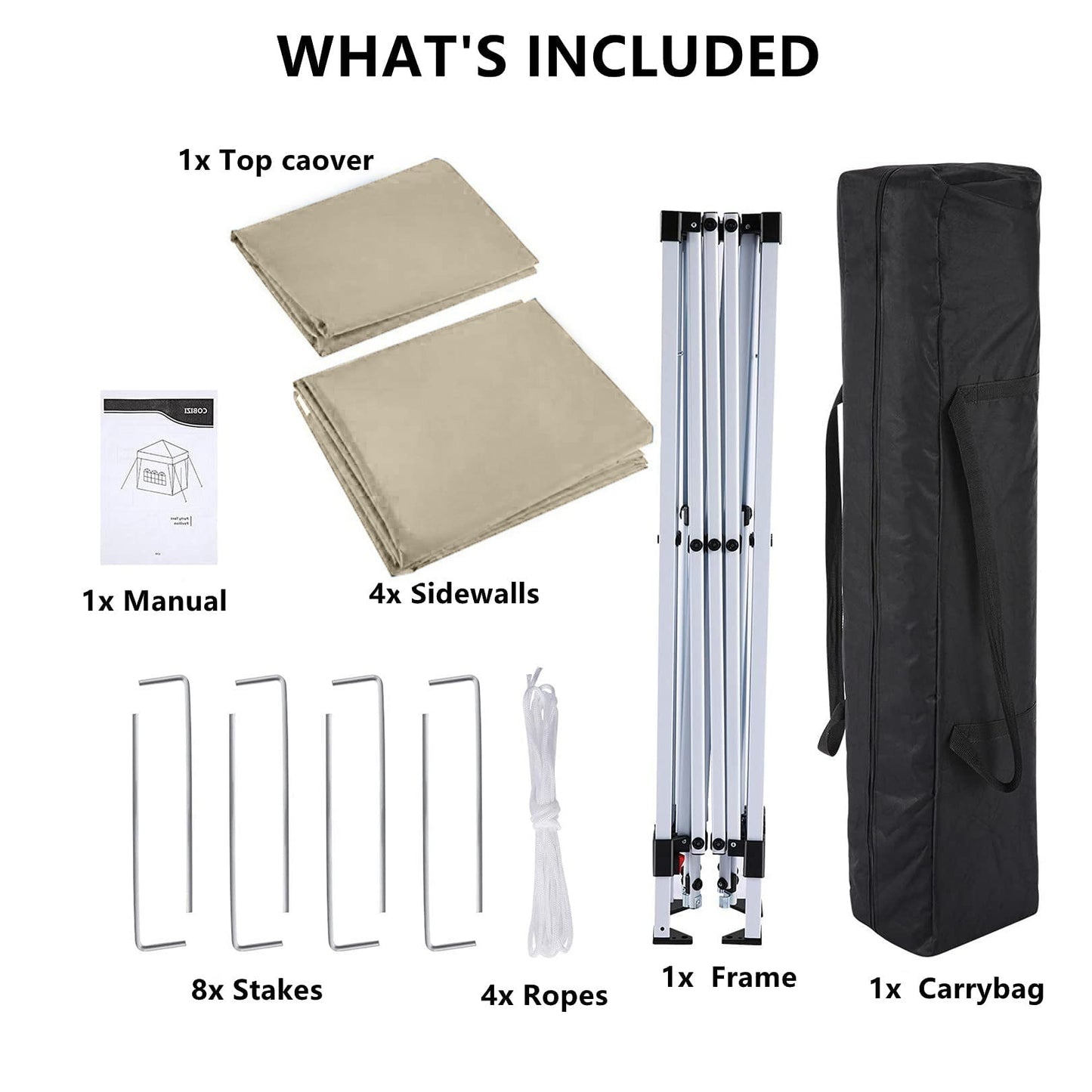 COBIZI 10'x10' ft Popup Canopy Waterproof Canopy with 4 Sidewalls Outdoor Commercial Instant Shelter Beach Camping Canopy Tent for Party,Khaki