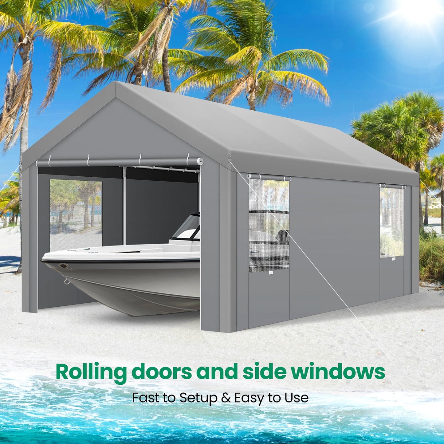 COBIZI 10'x20' Outdoor Auto Shelter Carport with Storage, Driveway Heavy Duty Car Tent, Gray