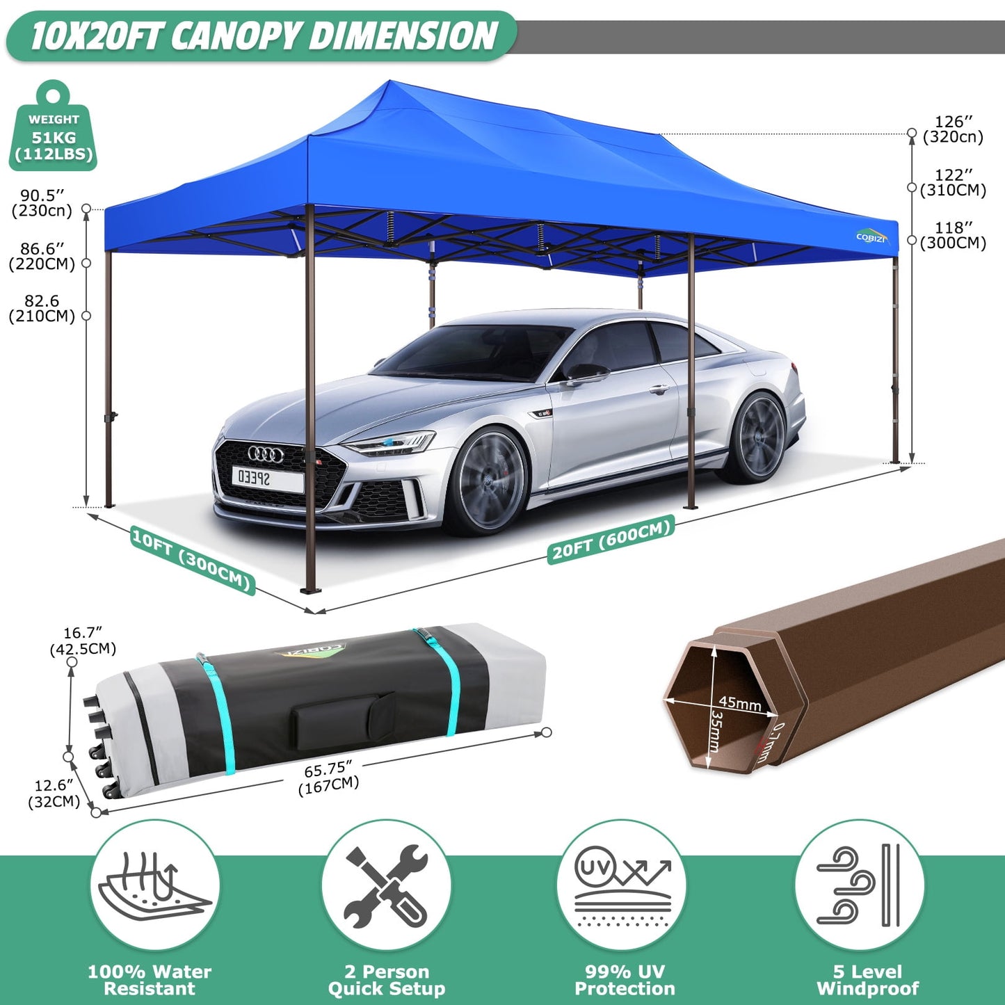 COBIZI 10x20 Pop Up Heavy Duty Canopy Tent with 4 Sandbags, Commercial Pop Up Tent for Parties All Weather Waterproof and UV 50+ Wedding Tent with Roller Bag, Outdoor Gazebo for Patio,blue