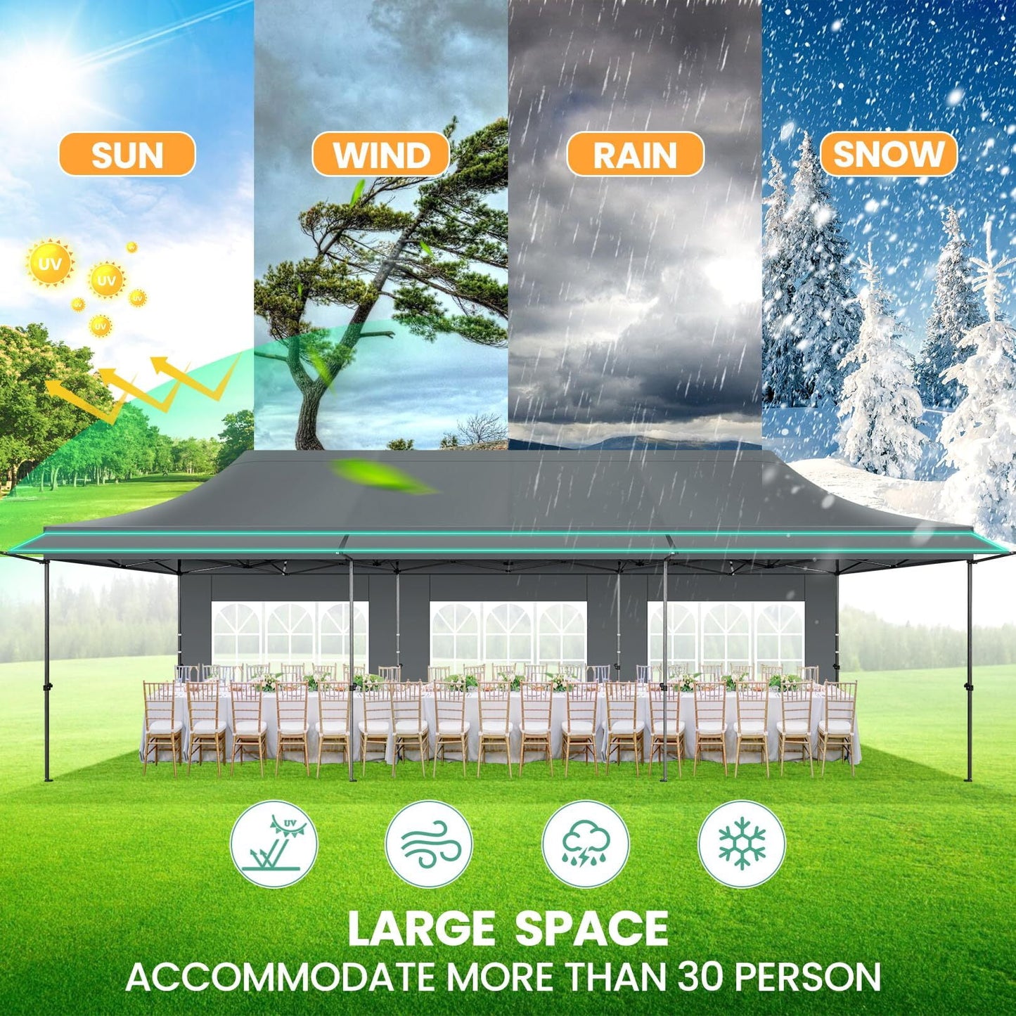 COBIZI 10x30 Pop Up Canopy Heavy Duty Party Tent with Removable Awning and Sidewalls,Easy Up Outdoor Wedding Commercial Canopy,Gazebo All Season Windproof&Waterproof UPF 50+,Blue