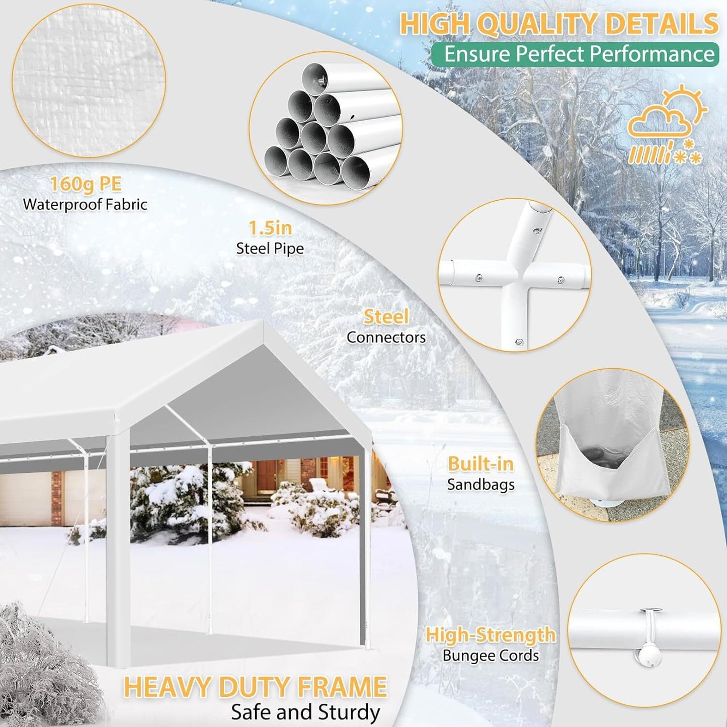 COBIZI 10x20ft Carport Heavy Duty, Portable Car Garage with Built-in Sandbags, Waterproof Car Canopy for Truck, Boat, SUV with All-Season Tarp, White