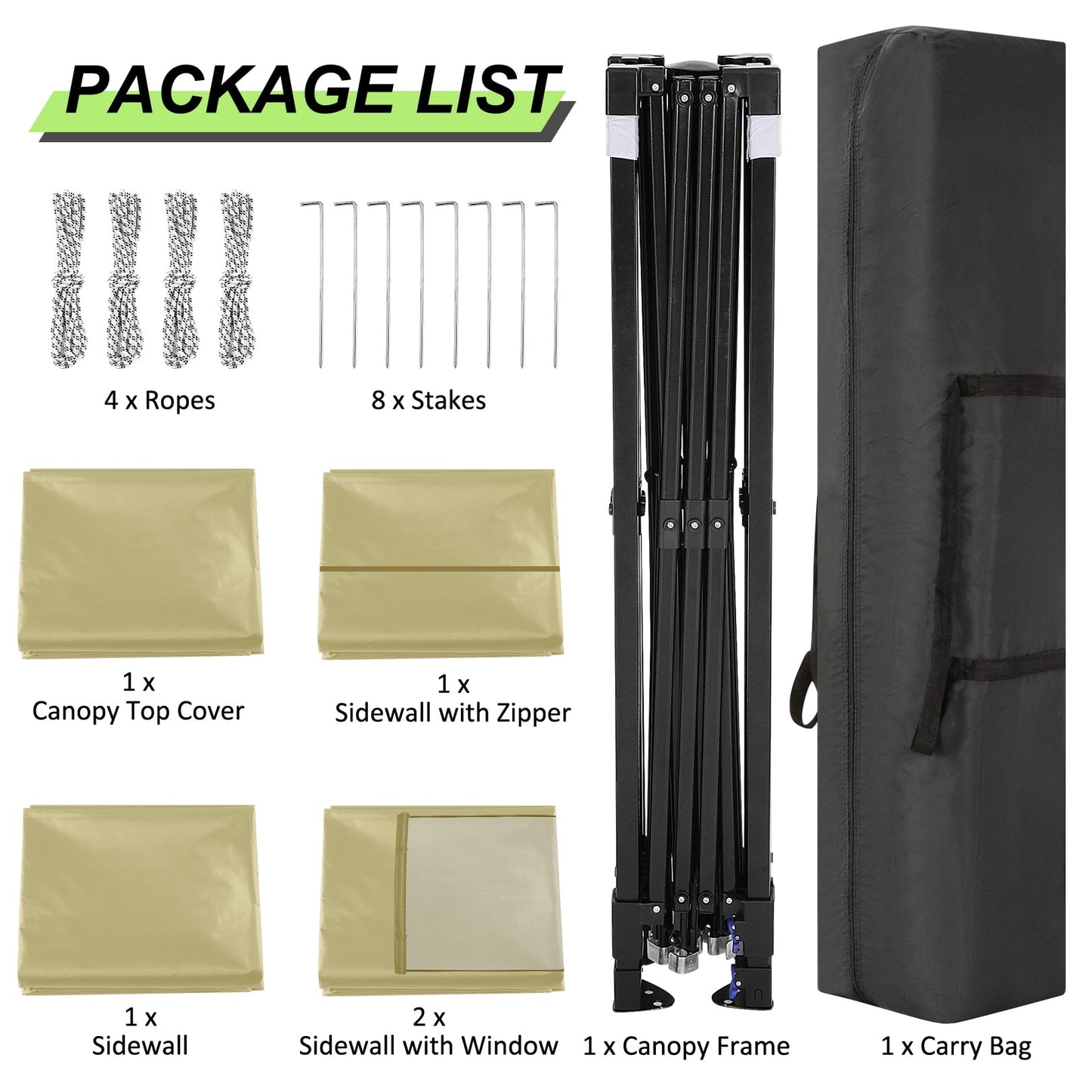 COBIZI 10X10 Pop-up Waterproof Canopy with Mesh Window, Carry Bag, Easy to Carry, 4 Removable Sidewalls, 4 Stakes & Ropes, Outdoor Tents for Party/Exhibition/Picnic,Khaki