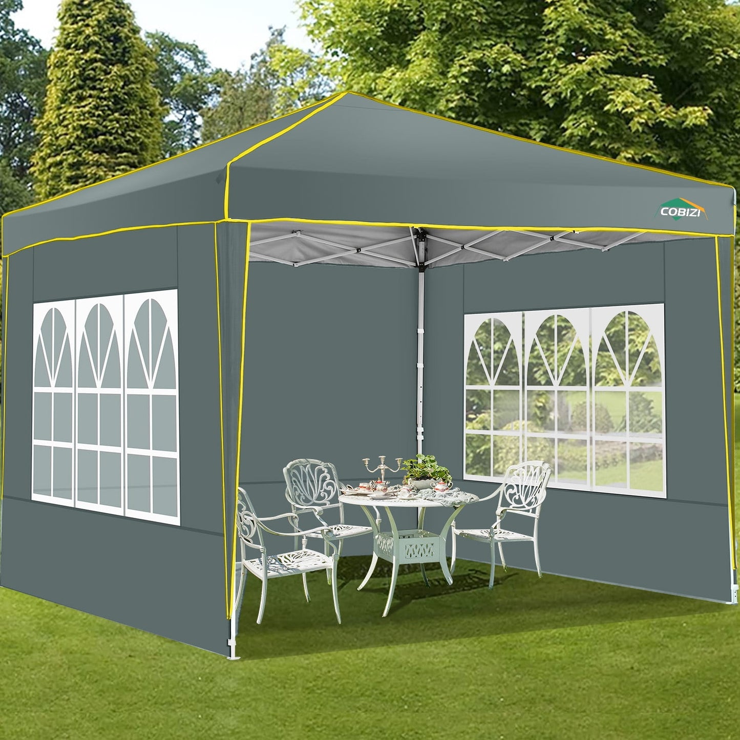 COBIZI 10x10 Pop up Canopy, Easy up Gazebos, Ez up Canopy with Church Window for Parties Beach Party Event Shelter Sun Shade with 4 Sidewalls & Carry Bag 4 Stakes & Ropes & Sandbags, Gray