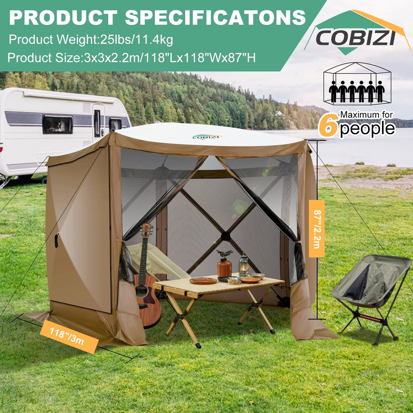 COBIZI 10x10ft Pop up Gazebo Screen Tent Screen House for Camping,5 Sided Pop-up Camping Canopy Shelter Tent with Sidewalls,Portable Outdoor Quick-set Hub Tent with Carrying Bag&Ground Stakes,Blue