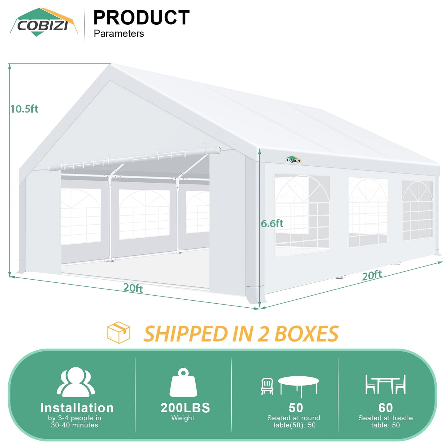 COBIZI 20x20ft Party Tent Heavy Duty, Wedding Tent, Event Tents for Parties, Carpas para Fiestas with Removable Sidewalls, Large Tent with Built-in Sandbag, UV50+, Big Tent for Party, Carport, White