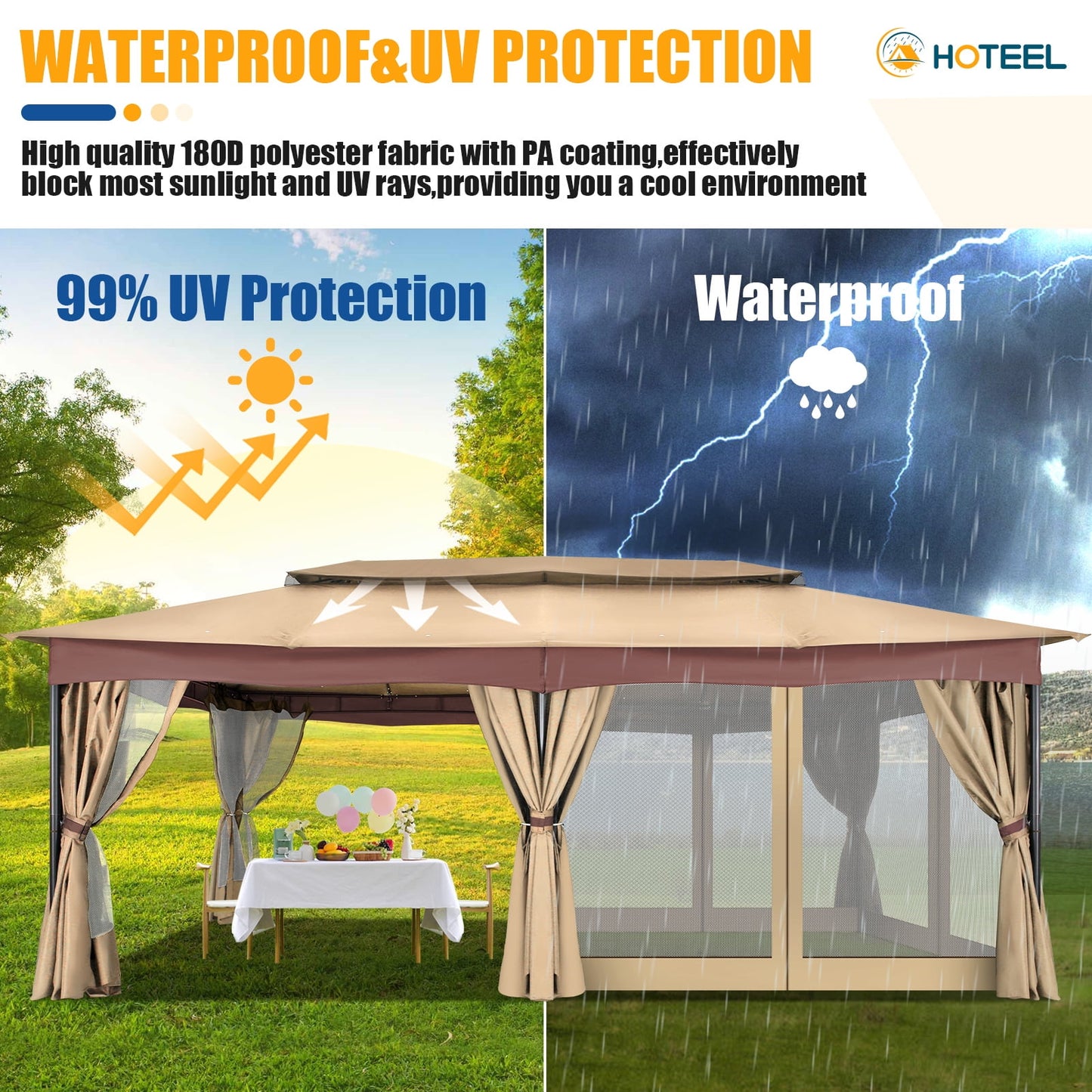 COBIZI 12x20 Heavy Duty Canopy Gazebo Outdoor Gazebo with 6 Netting and Curtains 100% Waterproof Party Wedding Tents with Double Roof and Metal Steel Frame for Backyard, Patio, Lawn, Garden, Brown