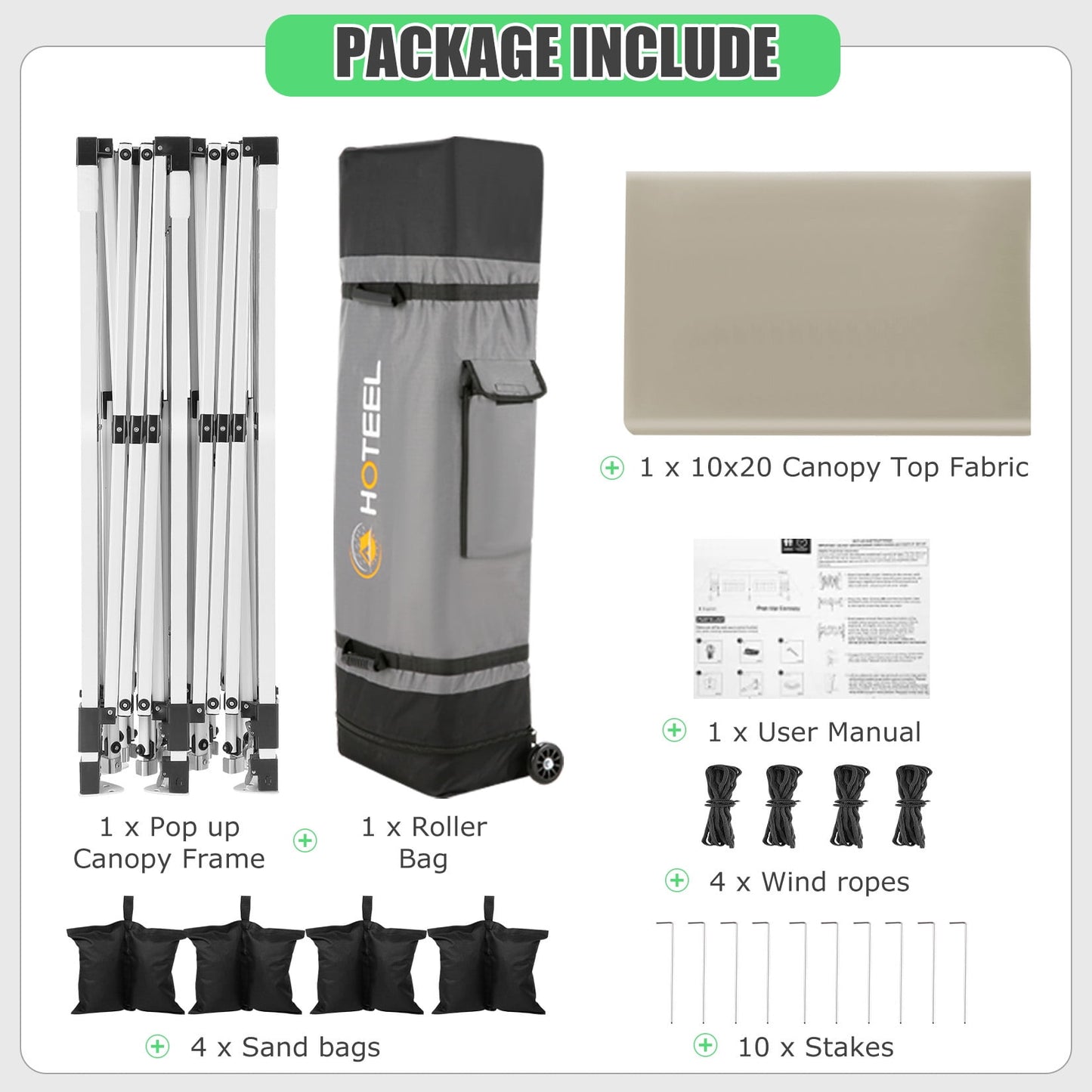 COBIZI Canopy Tent 10X20 Pop-up Canopy with Trolley Case and Rolled Edges,Instant Portable Tent for Outdoor Events,Great for Parties,Weddings,Camping and Beach,Khaki