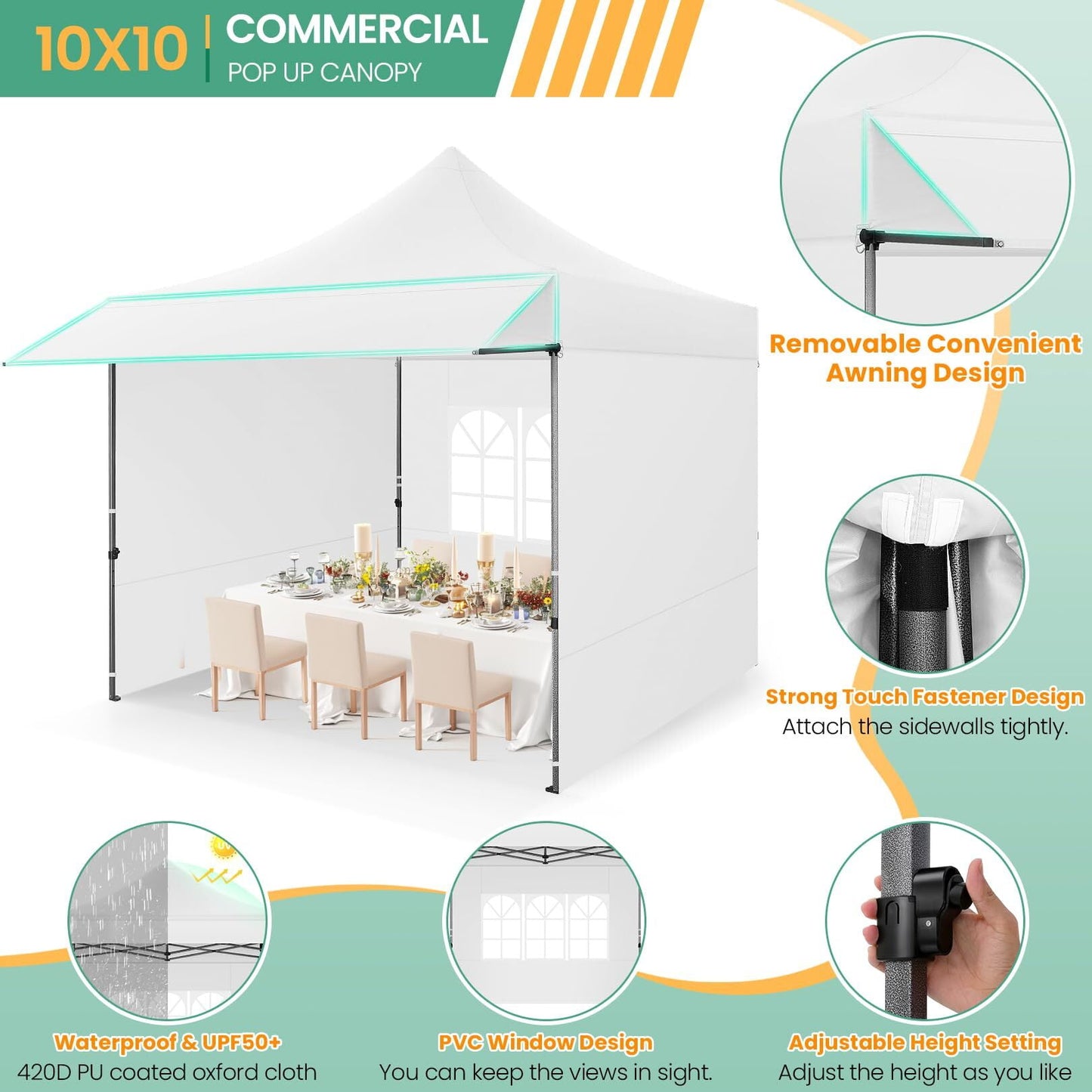COBIZI 10x10 Pop Up Canopy Heavy Duty Party Tent with Removable Awning and Sidewalls,Easy Up Outdoor Wedding Commercial Canopy,Gazebo All Season Windproof&Waterproof UPF 50+,Black