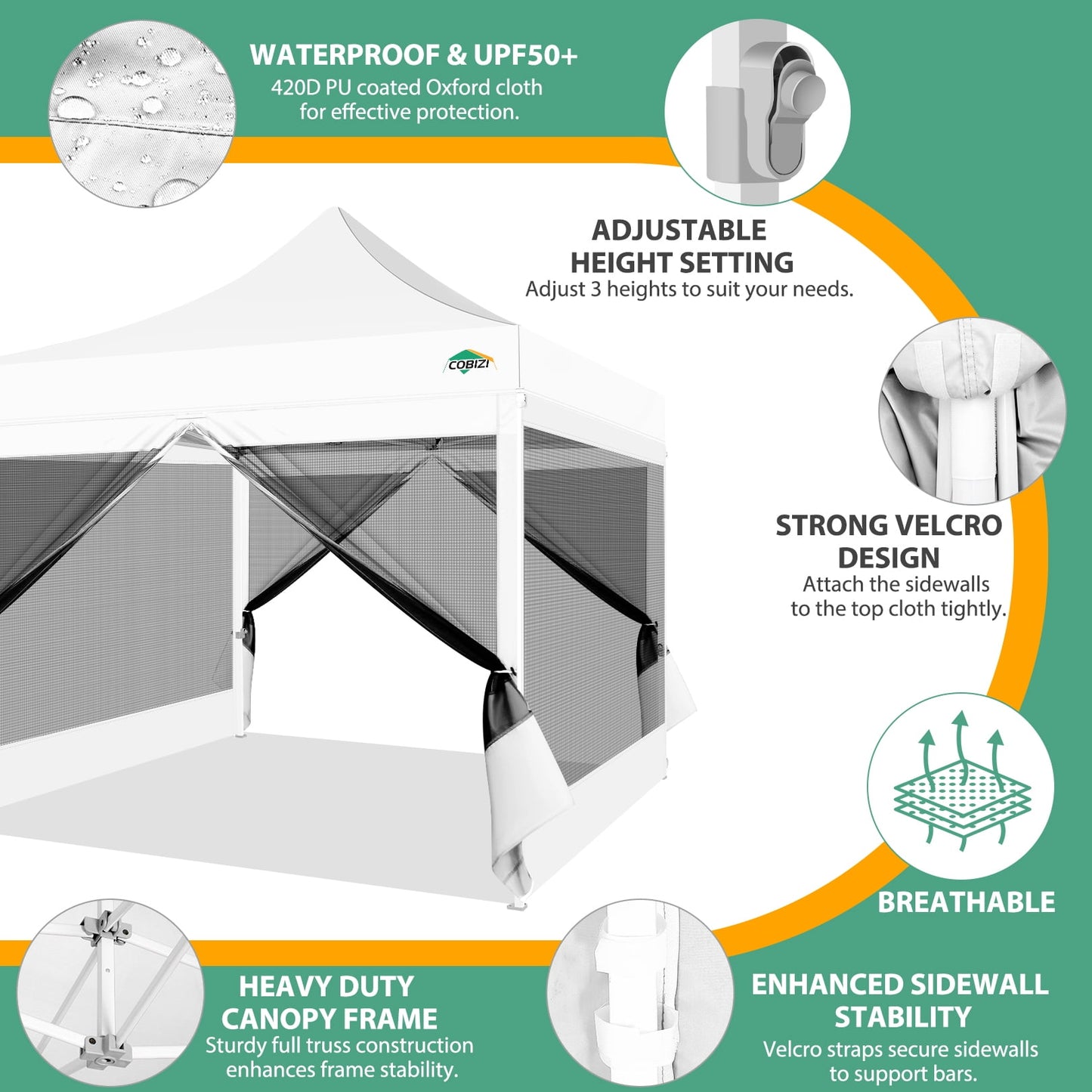 COBIZI 10X10 Heavy Duty Pop up Canopy with Mosquito Net,Instant Outdoor Shelter Large Canopy Tent for Outside,Gazebo with Mesh Sidewalls for Party,Backyard,Camping,White