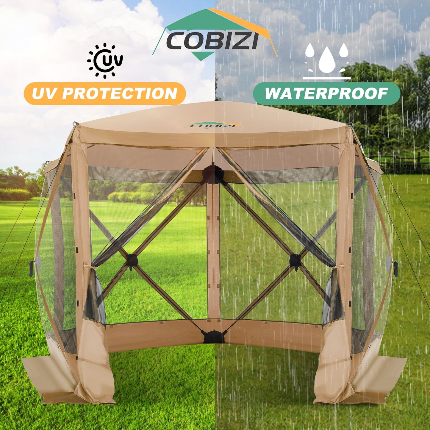 COBIZI 10x10ft Pop up Gazebo Screen Tent Screen House for Camping,5 Sided Pop-up Camping Canopy Shelter Tent with Sidewalls,Portable Outdoor Quick-set Hub Tent with Carrying Bag&Ground Stakes,Blue