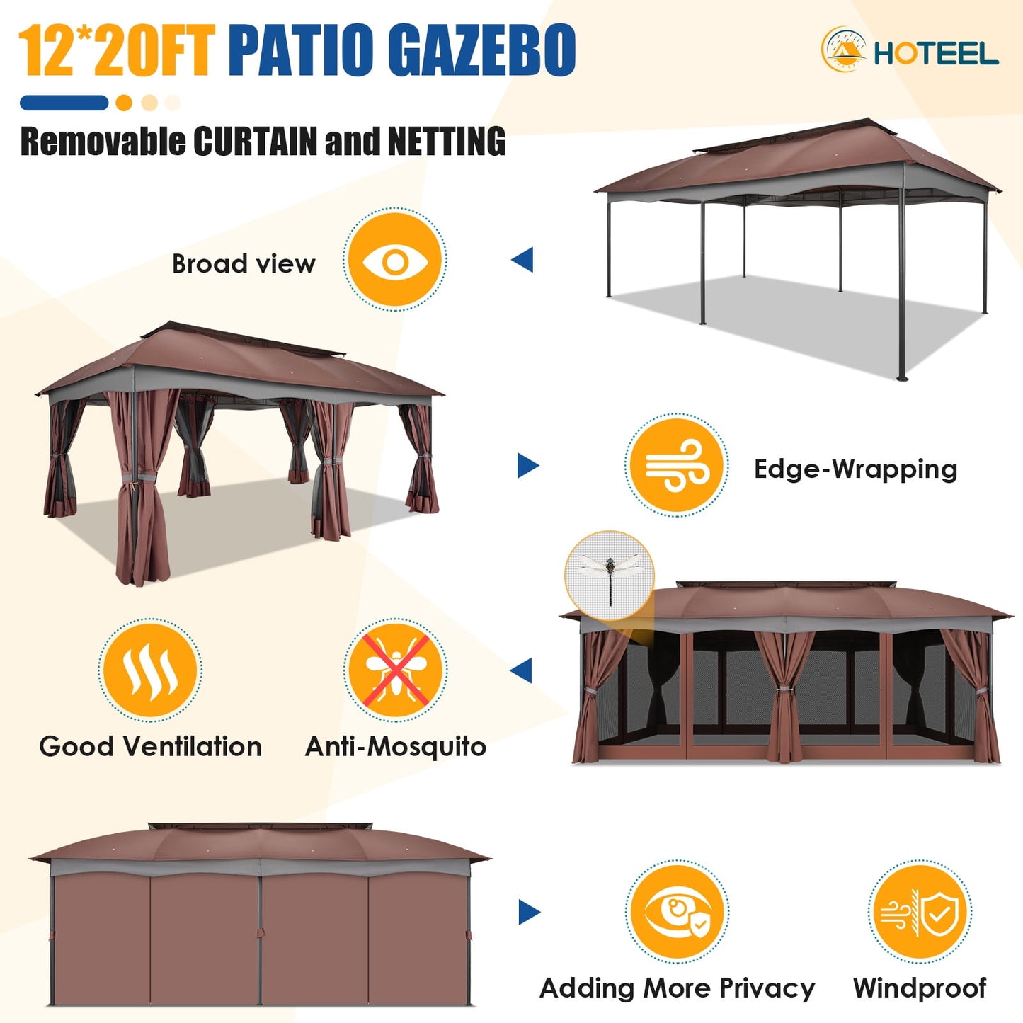 Hoteel 12X20 Heavy Duty Gazebo Outdoor Gazebo with Mosquito Netting and Curtains, Canopy Tent Deck Gazebo with Double-Arc Roof Ventiation and Metal Steel Frame Suitable for Lawn, Backyard, Patio,Brown