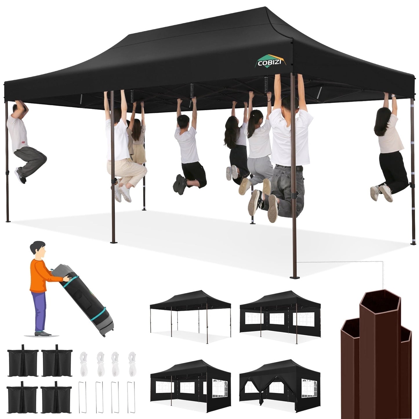 COBIZI 10x20 Pop Up Canopy Tent Heavy Duty with 6 Removable Sidewalls,Commercial Pop Up Tent for Parties All Weather Waterproof Wedding Tent with Roller Bag(Black)