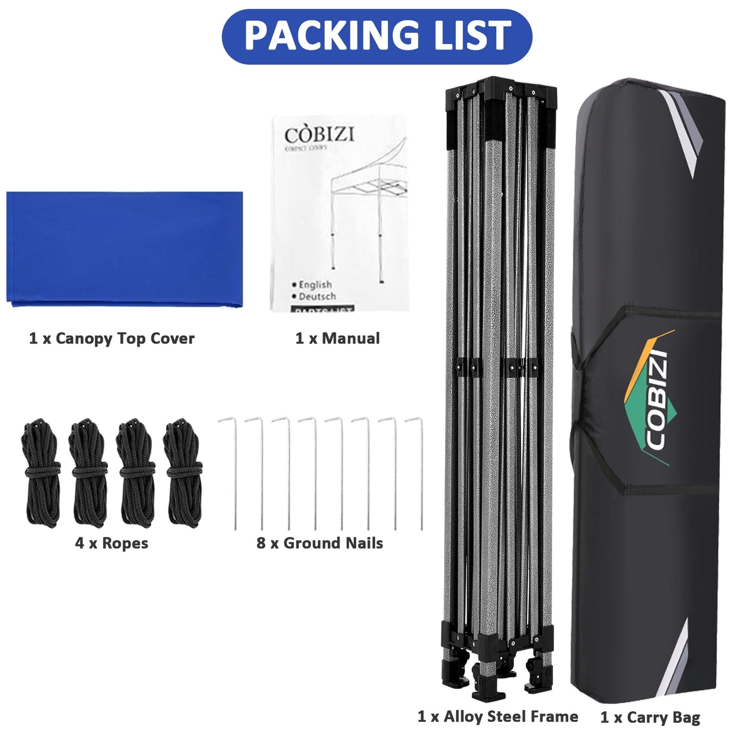 COBIZI 10 x 10 Heavy Duty Pop-up Canopy Tent with Adjustable Height, UPF 50+ Waterproof and Instant Outdoor Shelter, Outdoor Tent Includes 4 Sandbags, and Carrying Bag,Dark Bule