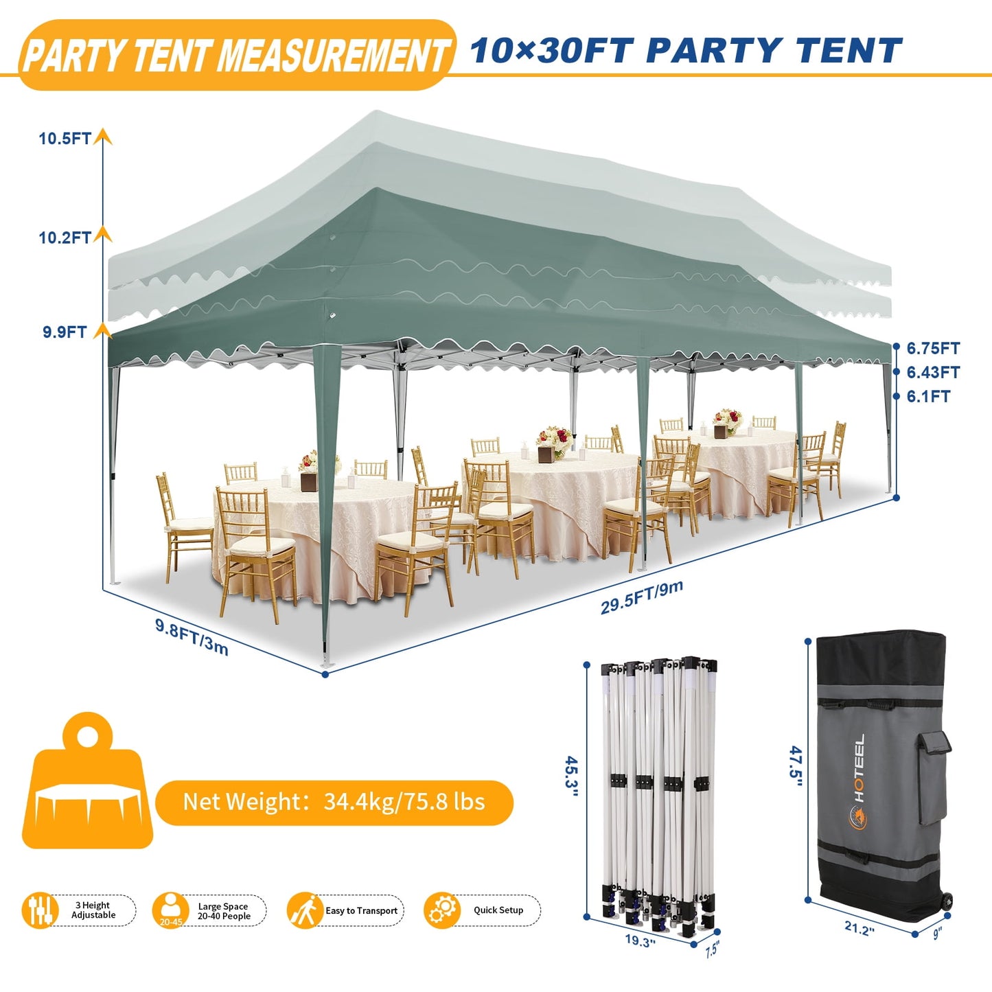 COBIZI 10x30 Pop-up Canopy Tent with 8 Sidewalls,Heavy Duty Canopy for Outdoor Events,Camping,Wedding,Canopy Gazebo with Roller Bag & 4 Weights Bags,UPF 50+ Windproof Waterproof,Gray