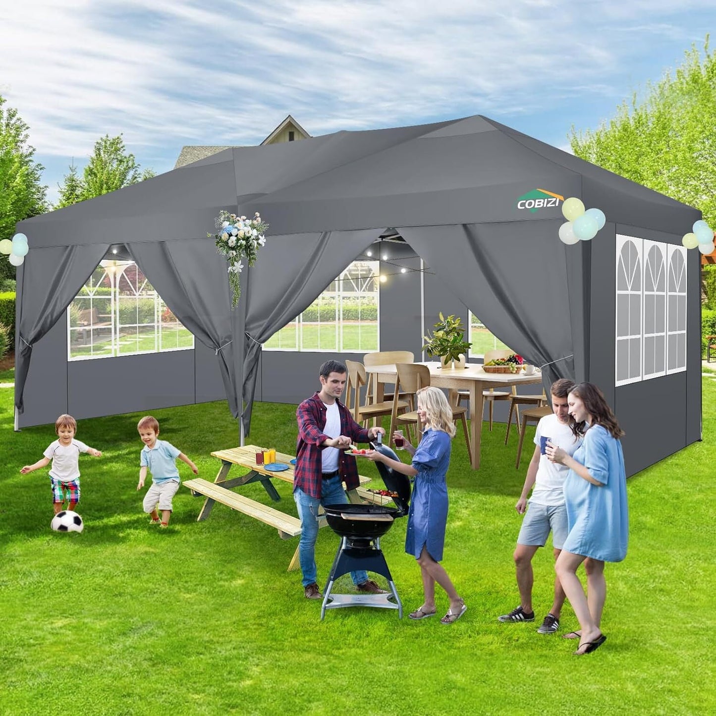 COBIZI 10x20 EZ-Up Canopy Tent Party Tent Outdoor Event Protable Instant Shelter Tent Gazebo with 6 Removable Sidewalls and Carry Bag,Gray