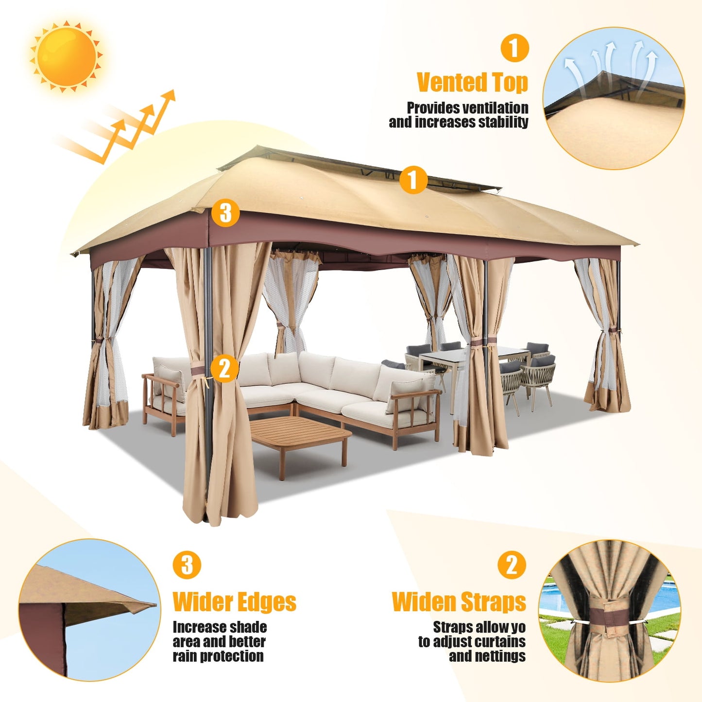 COBIZI Gazebo 12x20 Heavy Duty Patio Gazebo with Mosquito Netting Deck Gazebo with Metal Steel Frame Large Screen Gazebo Tent Waterproof with Double Roof for Party, Backyard, Deck, Garden, Khaki