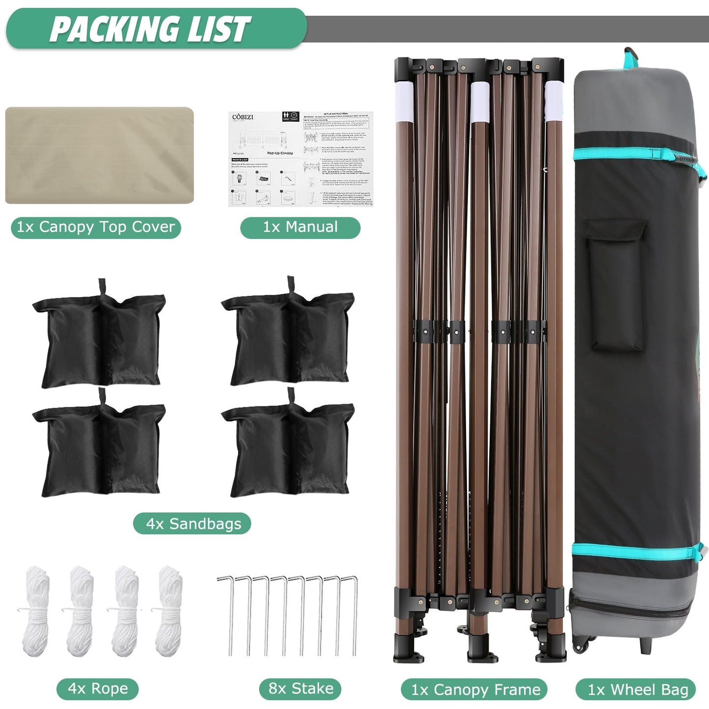 COBIZI 10x20 Pop Up Heavy Duty Canopy Tent with 4 Sandbags, Commercial Pop Up Tent for Parties All Weather Waterproof and UV 50+ Wedding Tent with Roller Bag, Outdoor Gazebo for Patio,khaki