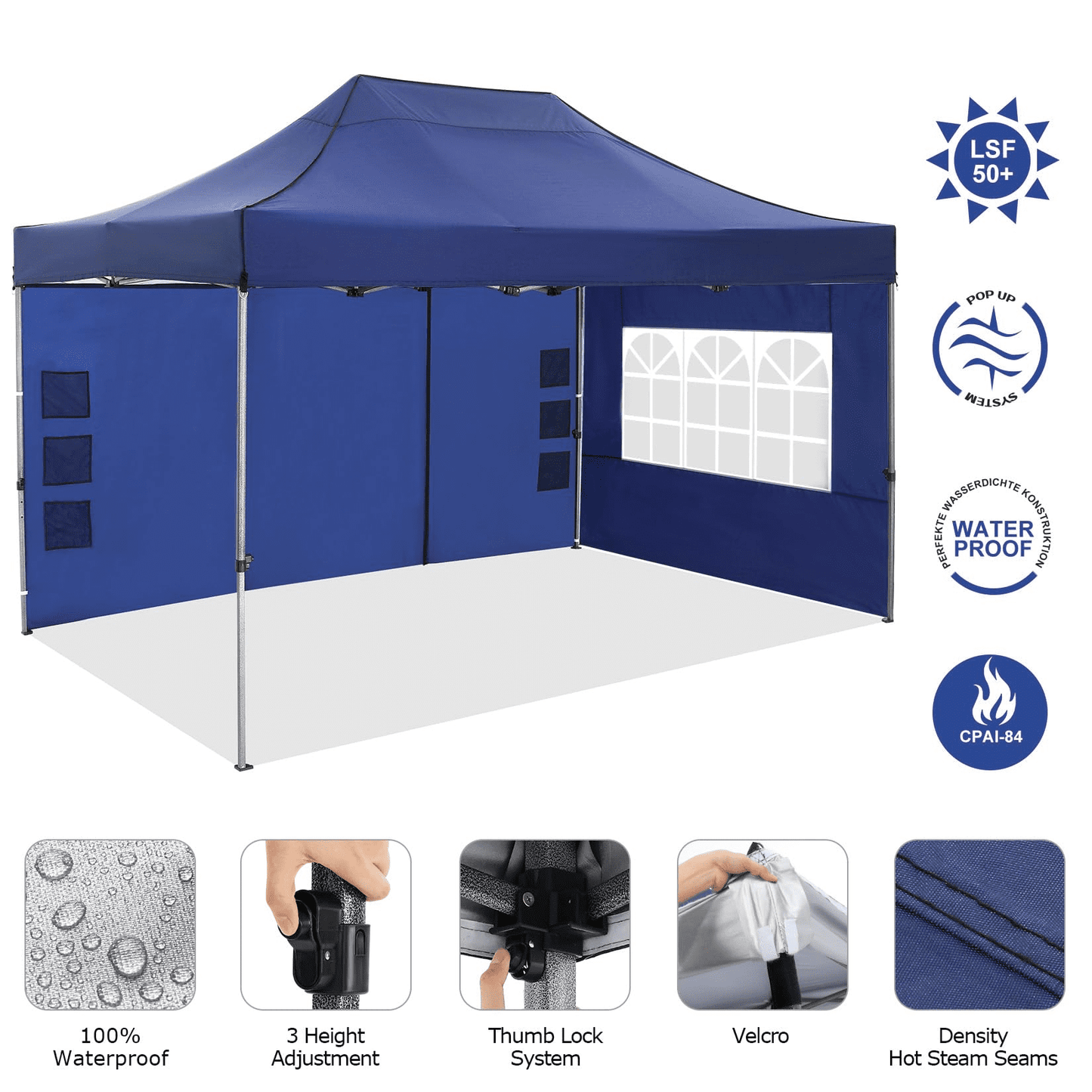 COBIZI 10x15ft Commercial Pop Up Canopy, Waterproof Gazebo with 4 Sidewalls - Blue