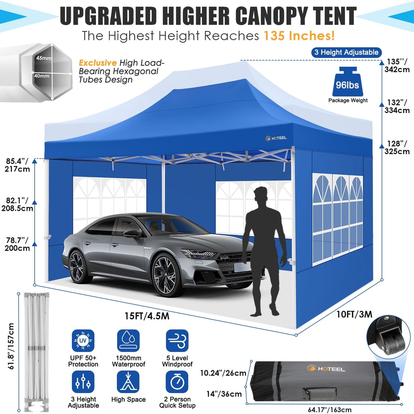 COBIZI 10x15 Pop Up Canopy Tent Heavy Duty with 4 Sidewalls Tents for Parties Outdoor Canopy Event Tent Wedding with Roller Bag,Upgraded UV 50+ , Thick Hexagonal Legs, blue