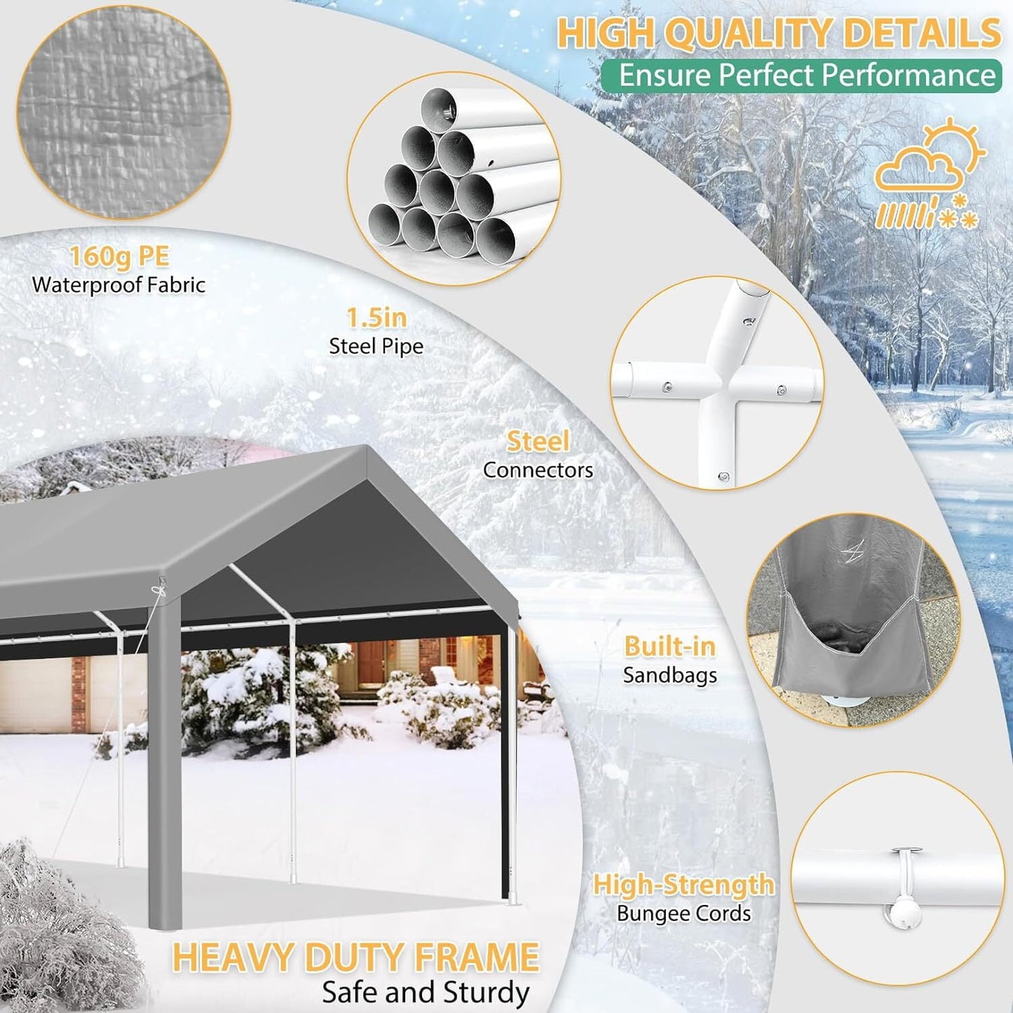 COBIZI 10x20ft Carport Heavy Duty, Portable Car Garage with Built-in Sandbags, Waterproof Car Canopy for Truck, Boat, SUV with All-Season Tarp, Gray