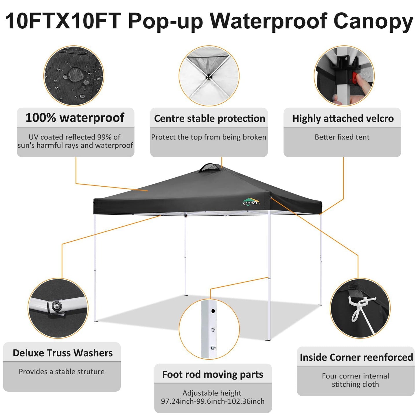 COBIZI 10' x 10' Pop-up Canopy,Easy Pop-up Canopy Tent for Outdoor Waterproof Instant Outdoor Folding Party Tent Shelter with 4 Removable Sidewalls,Air Vent, 4 Sandbags, Carrying Bag, Black