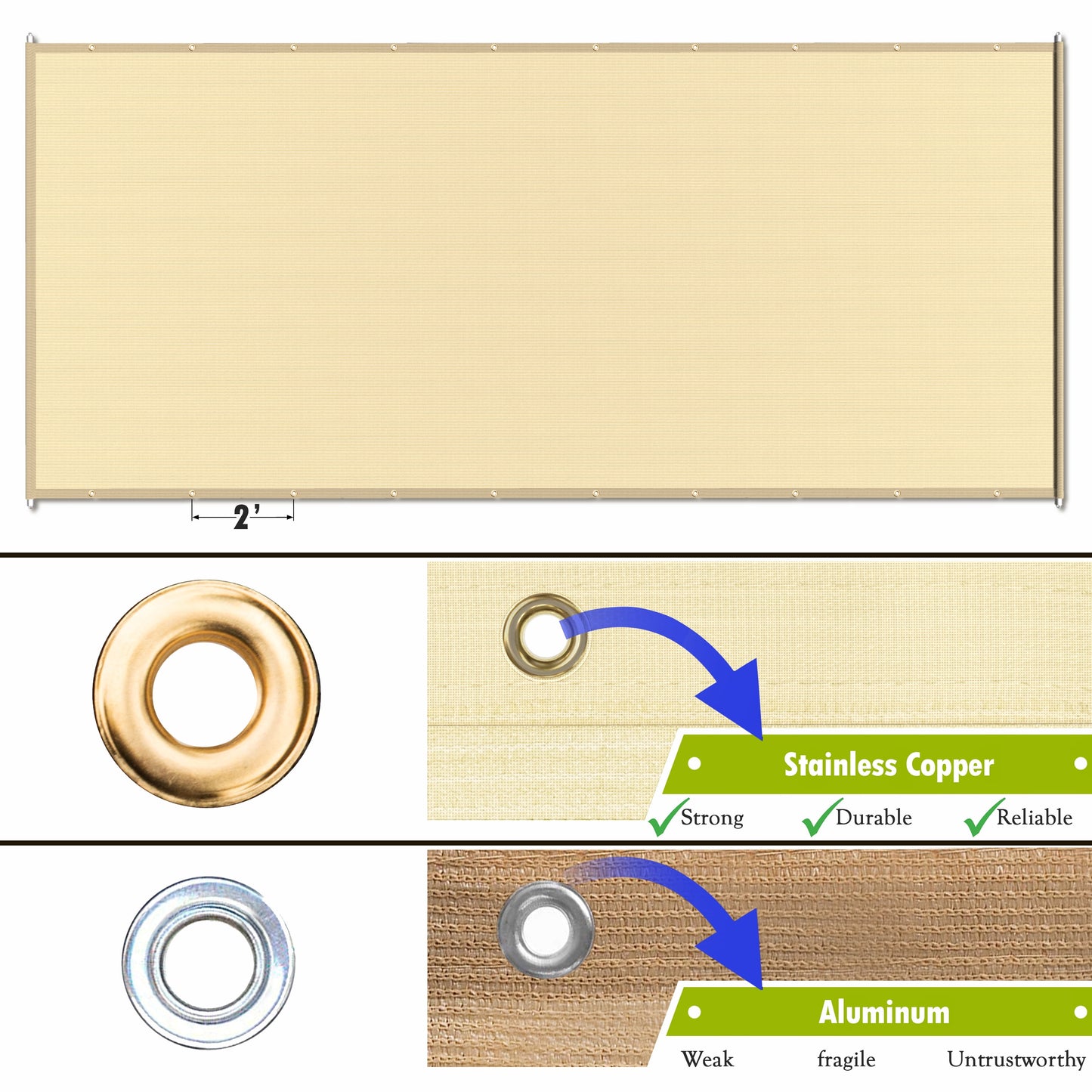 ColourTree 11' W x 11' L Waterproof Beige Pergola Sun Shade Canopy Replacement Cover, Commercial Grade 260 GSM Cloth for Outdoor Patio, Includes Stainless Steel Weighted Rods (We Make Custom Size)