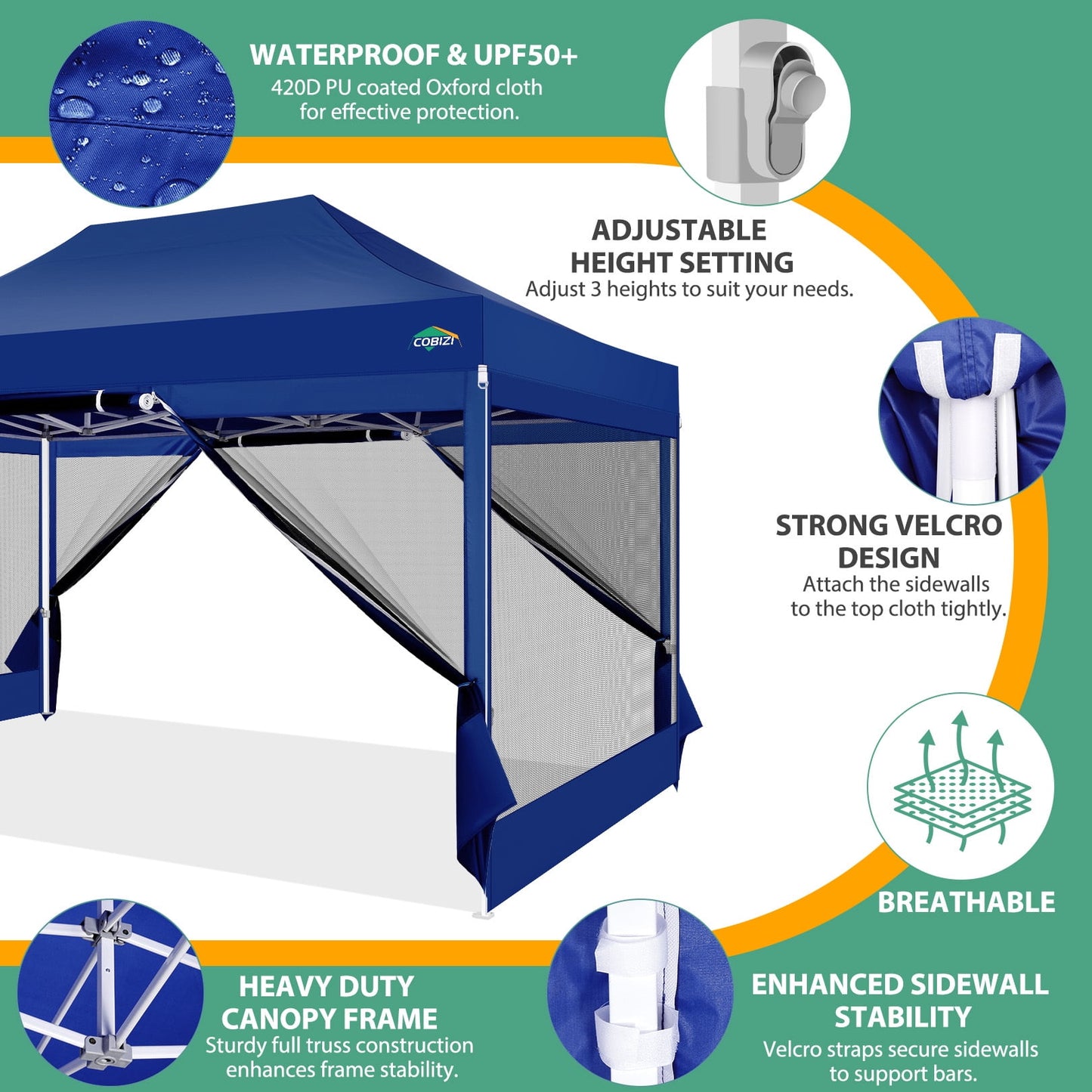 COBIZI 10x15 Heavy Duty Pop up Canopy with Mosquito Net,Instant Outdoor Shelter Large Canopy Tent for Outside,Gazebo with Mesh Sidewalls for Party,Backyard,Camping,Dark Blue