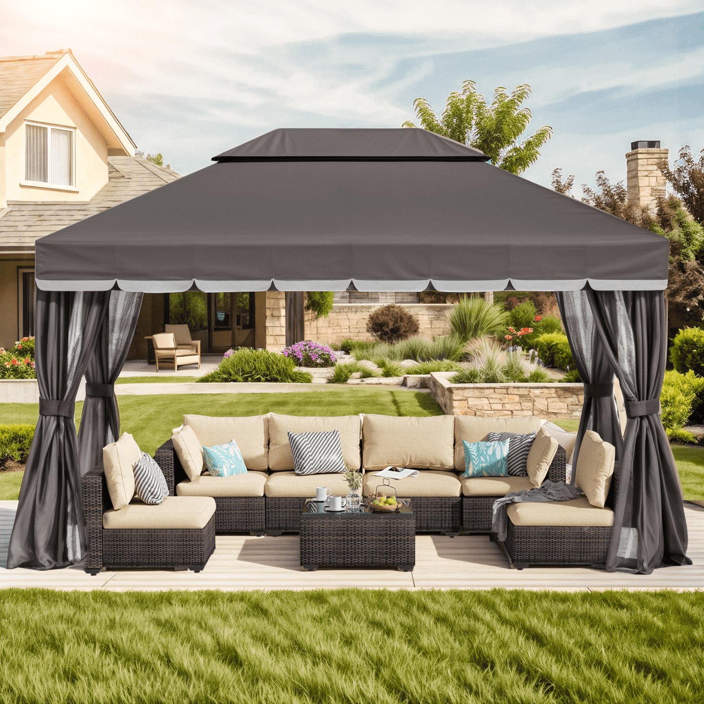 Grezone 10¡Á13 FT Deluxe No Screws Gazebo,Double Roof Outdoor Shelter Tent with Mosquito Nettings and Privacy Screens