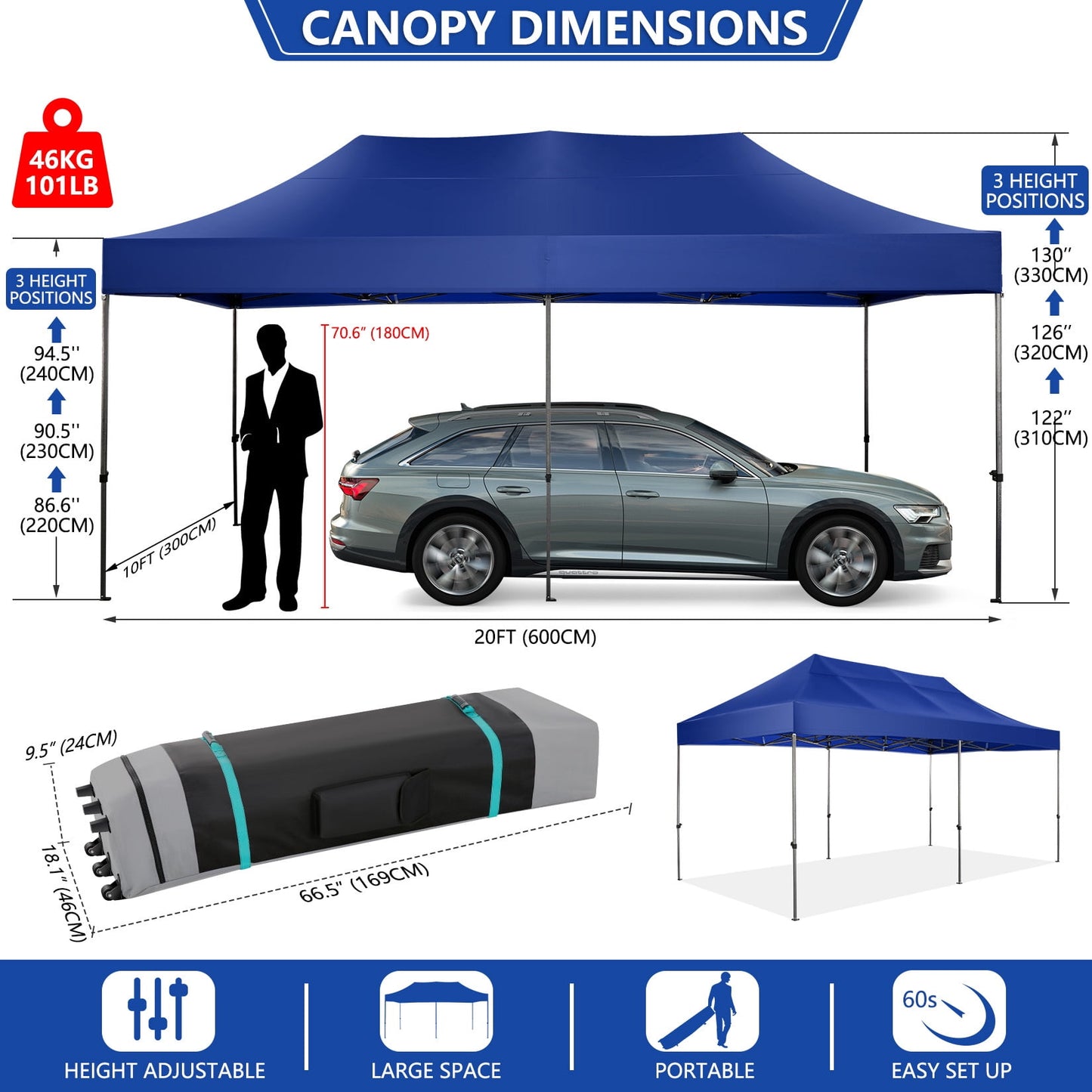 COBIZI 10x20 Pop-up Heavy Duty Canopy Tent with Adjustable Height, Waterproof and Instant Outdoor Shelter, Summer Canopy for Beach,Party,Camping Includes 4 Sandbags,Roller Bag,Dark Blue