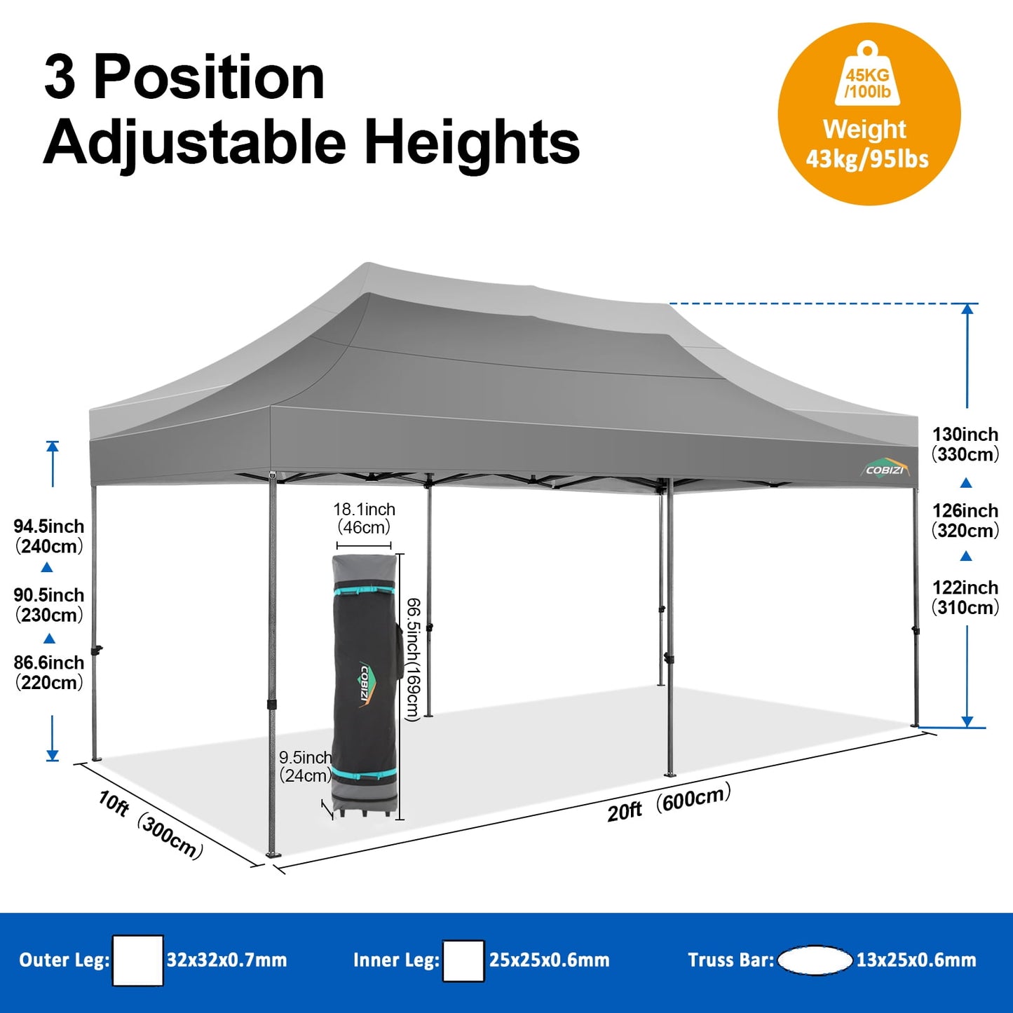 COBIZI 10x20 Pop-up Heavy Duty Canopy Tent with Adjustable Height, Waterproof and Instant Outdoor Shelter, Summer Canopy for Beach,Party,Camping Includes 4 Sandbags,Roller Bag,Dark Blue