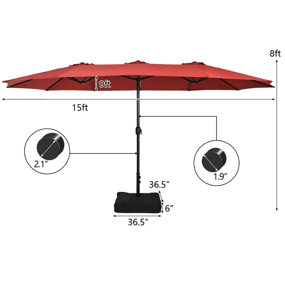GVN 15 Feet Double-Sided Twin Patio Umbrella with Crank and Base-Red, Outdoor Table Umbrella, Outdoor Umbrella, Market Umbrella for Outdoor Patio Backyard Garden Lawn Sun Shade