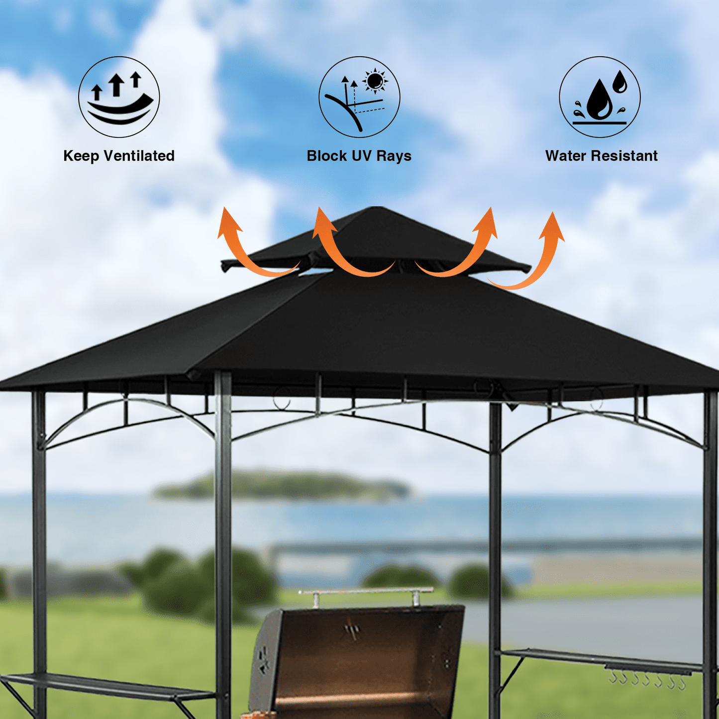 Grezjxc Grill Gazebo 8 x 5 Double Tiered Outdoor BBQ Grill Patio Canopy, Backyard Barbeque Tent with Extra Shelves, Black