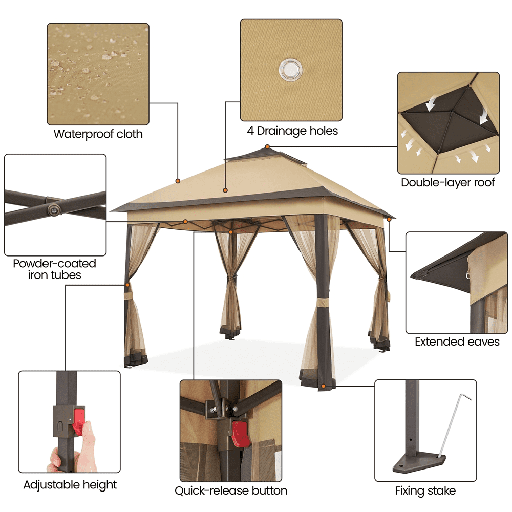 Renwick 11¡Á11 ft Pop-Up Gazebo Tent with 4 Mesh Sidewalls, Khaki/Brown