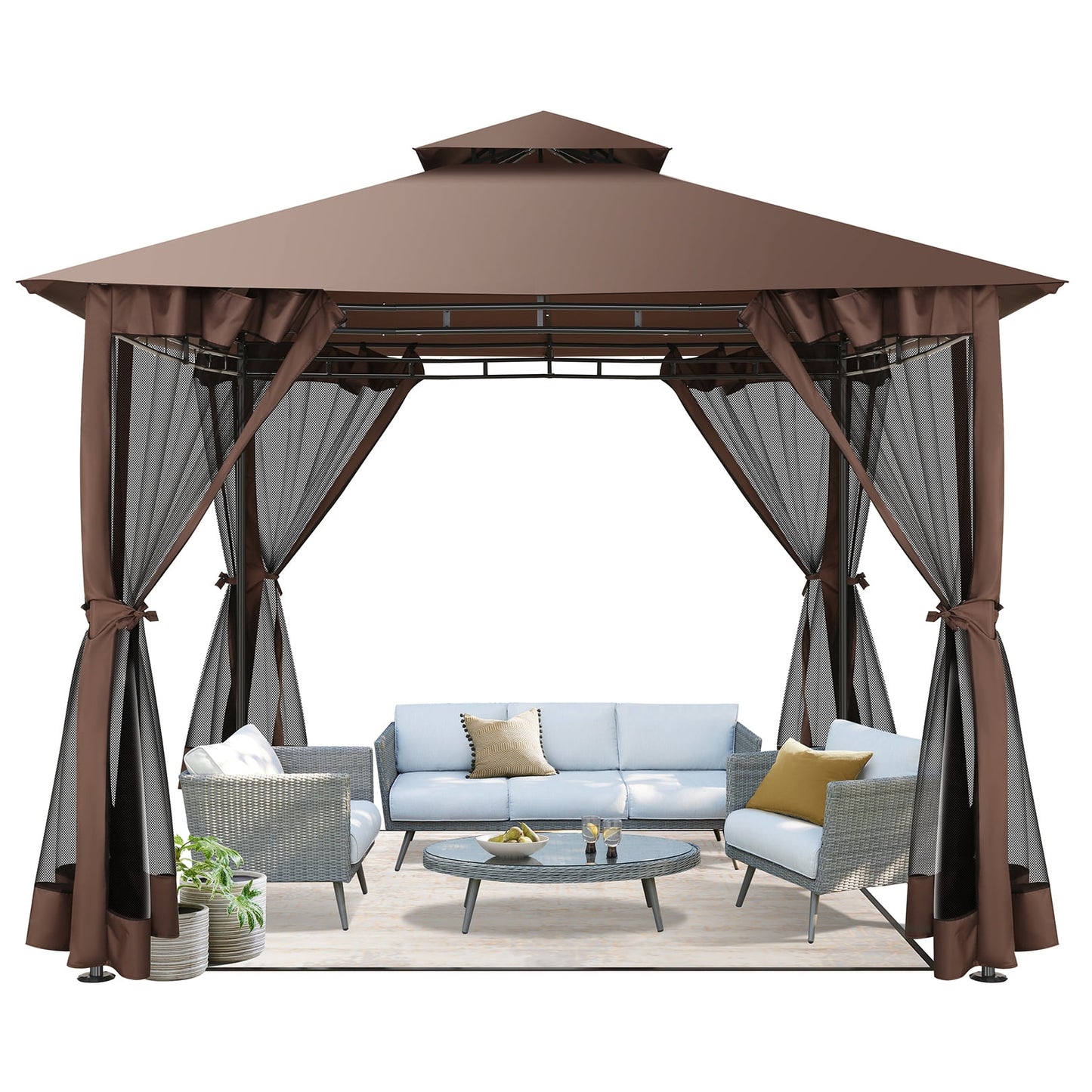 COBIZI Easy Assembly Outdoor Furniture Patio Canopy,10x10 Outdoor Gazebo with Mosquito Netting,Shade Tent for Party, Backyard, Deck, Patio Lawn & Garden,Brown
