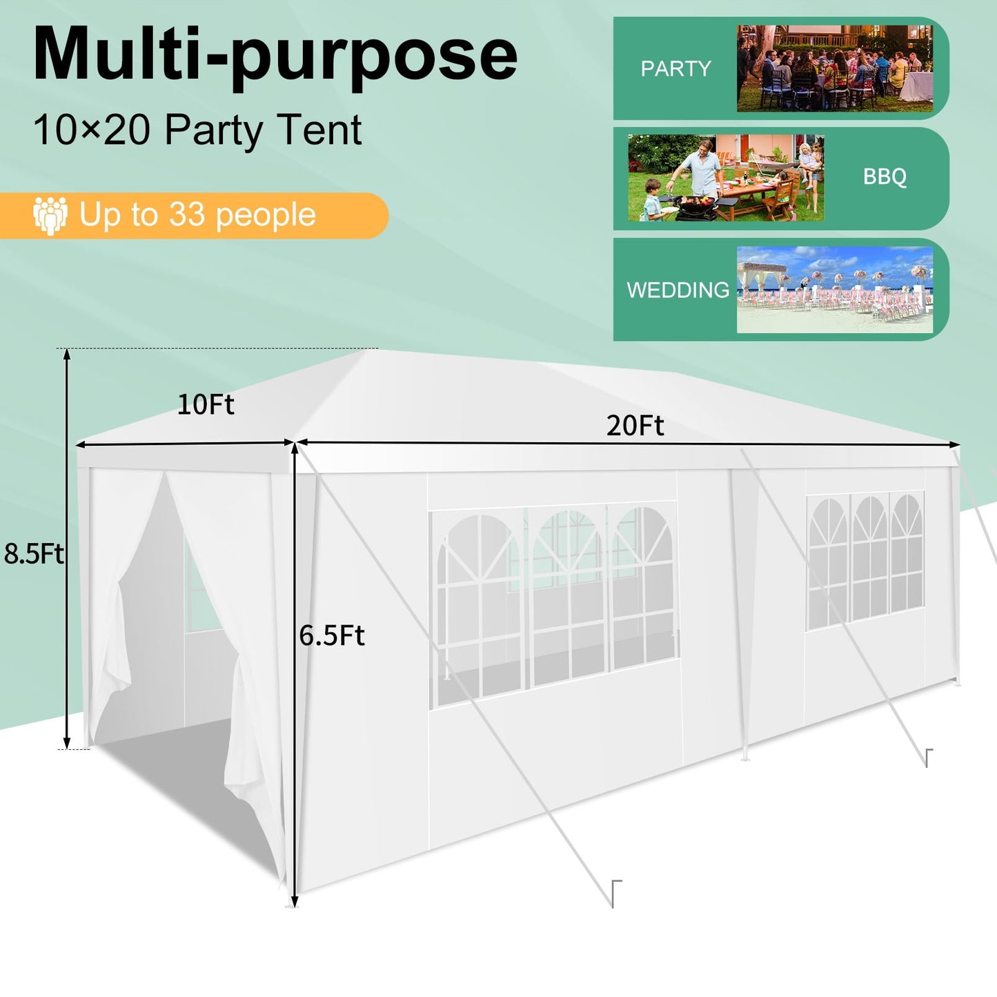 COBIZI Party Tent 10x20 Canopy Tents for Parties with 6 Removable Sidewalls, Waterproof Outdoor Tent for Weddings and Events