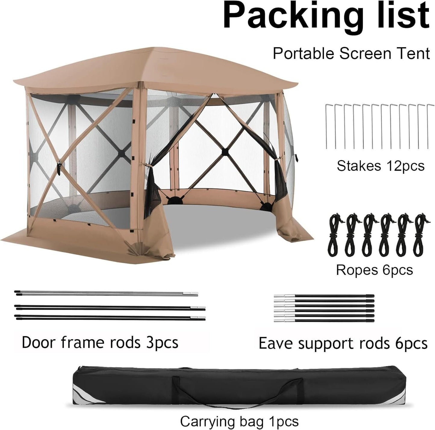 COBIZI 12x12 Pop-up Gazebo Starry Sky Screen Canopy Tent Screen House for Camping, Screen Room with Mosquito Netting, Hub Tent Instant Screened Canopy with Carrying Bag and Ground Stakes, Khaki