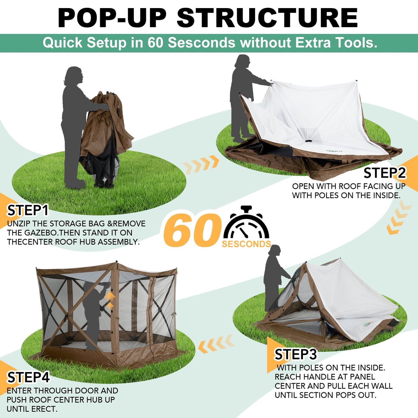 COBIZI 10x10 Pop up Gazebo Screen Tent Screen House for Camping,5 Sided Pop-up Camping Canopy Shelter Tent with Mesh Windows,Portable Outdoor Quick-set Hub Tent with Carrying Bag&Ground Stakes,Gray